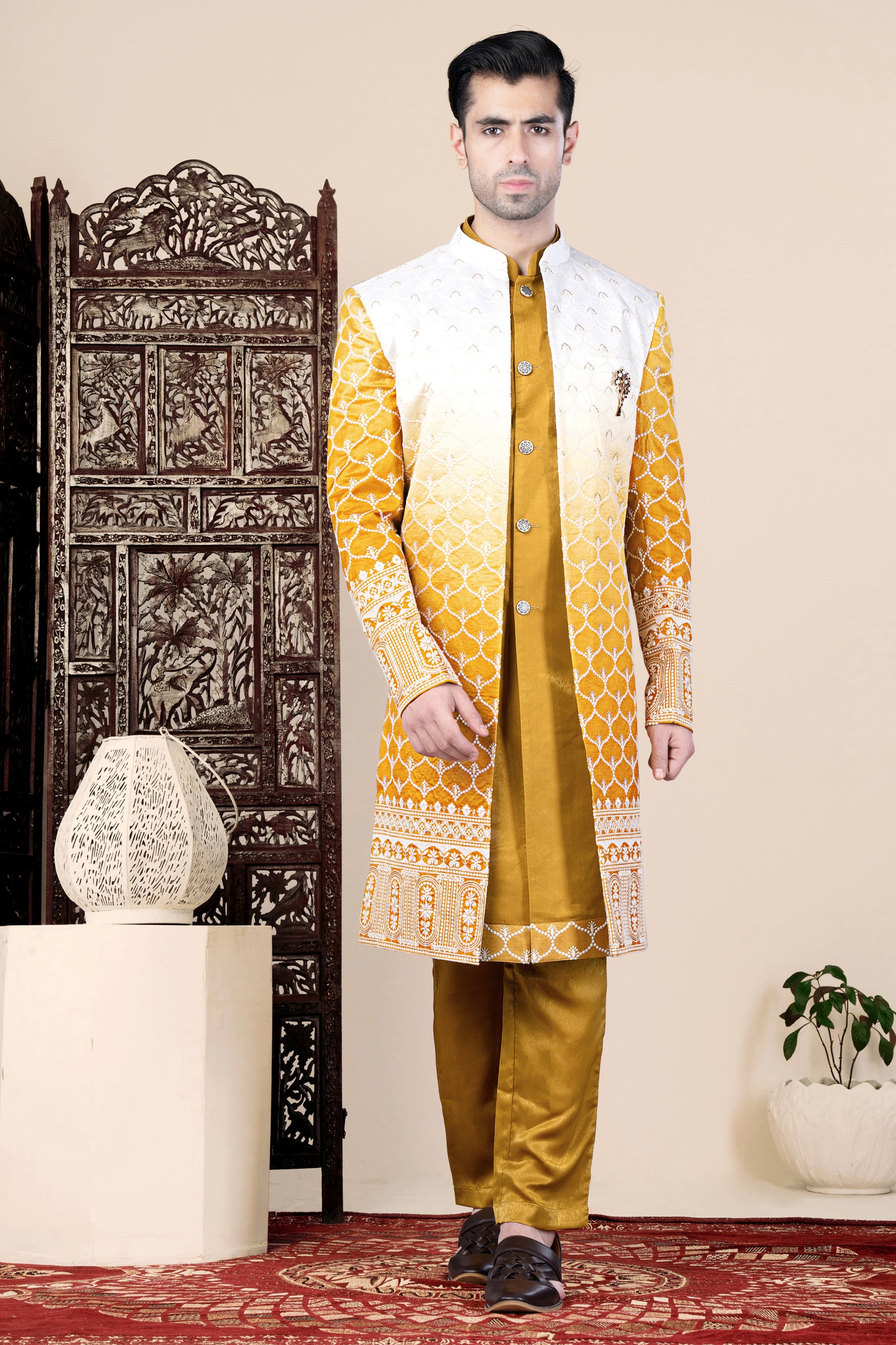 Bright White and Macaroni Yellow Ogee Thread and Sequin Embroidered Indo-Western Set