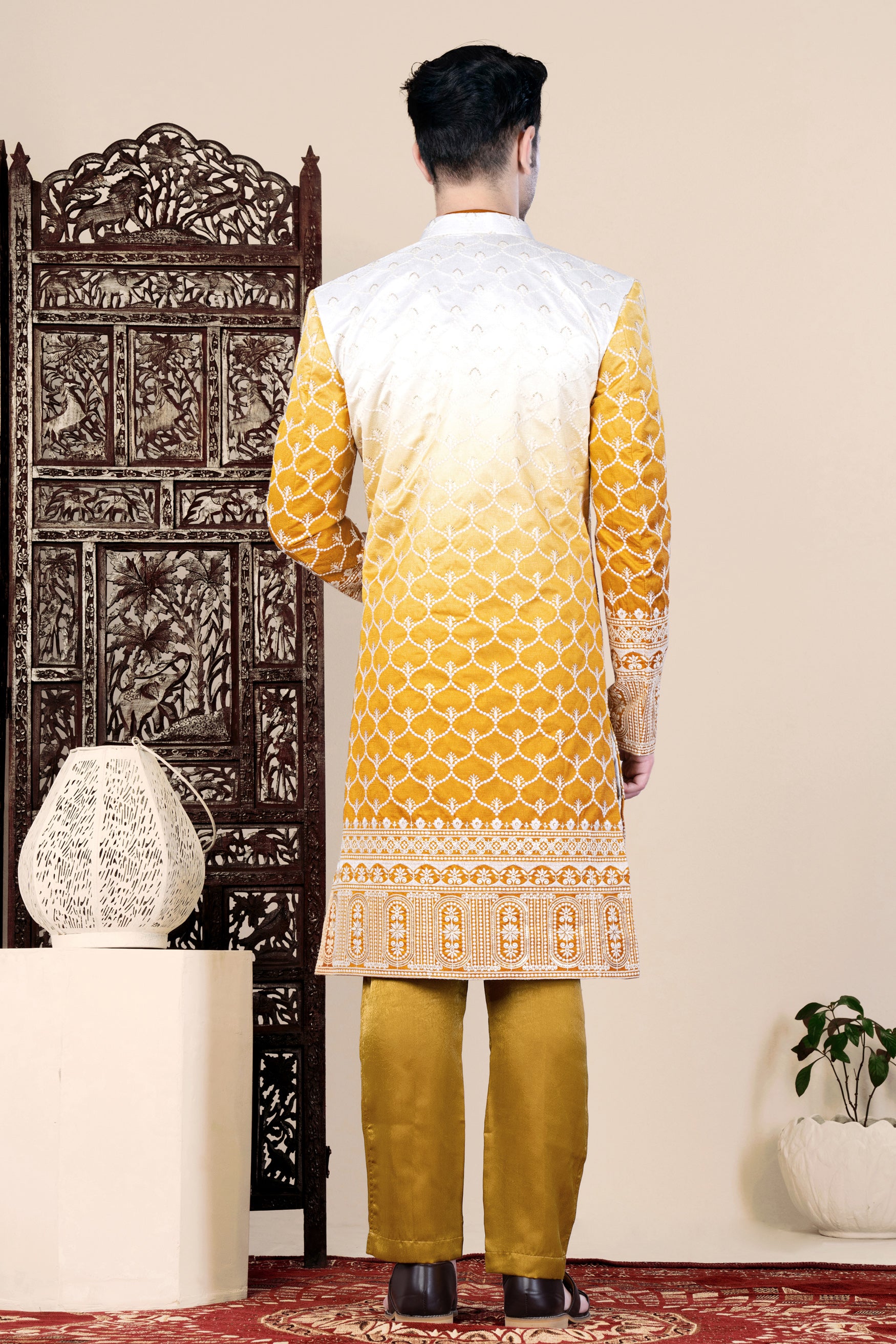 Bright White and Macaroni Yellow Ogee Thread and Sequin Embroidered Indo-Western Set