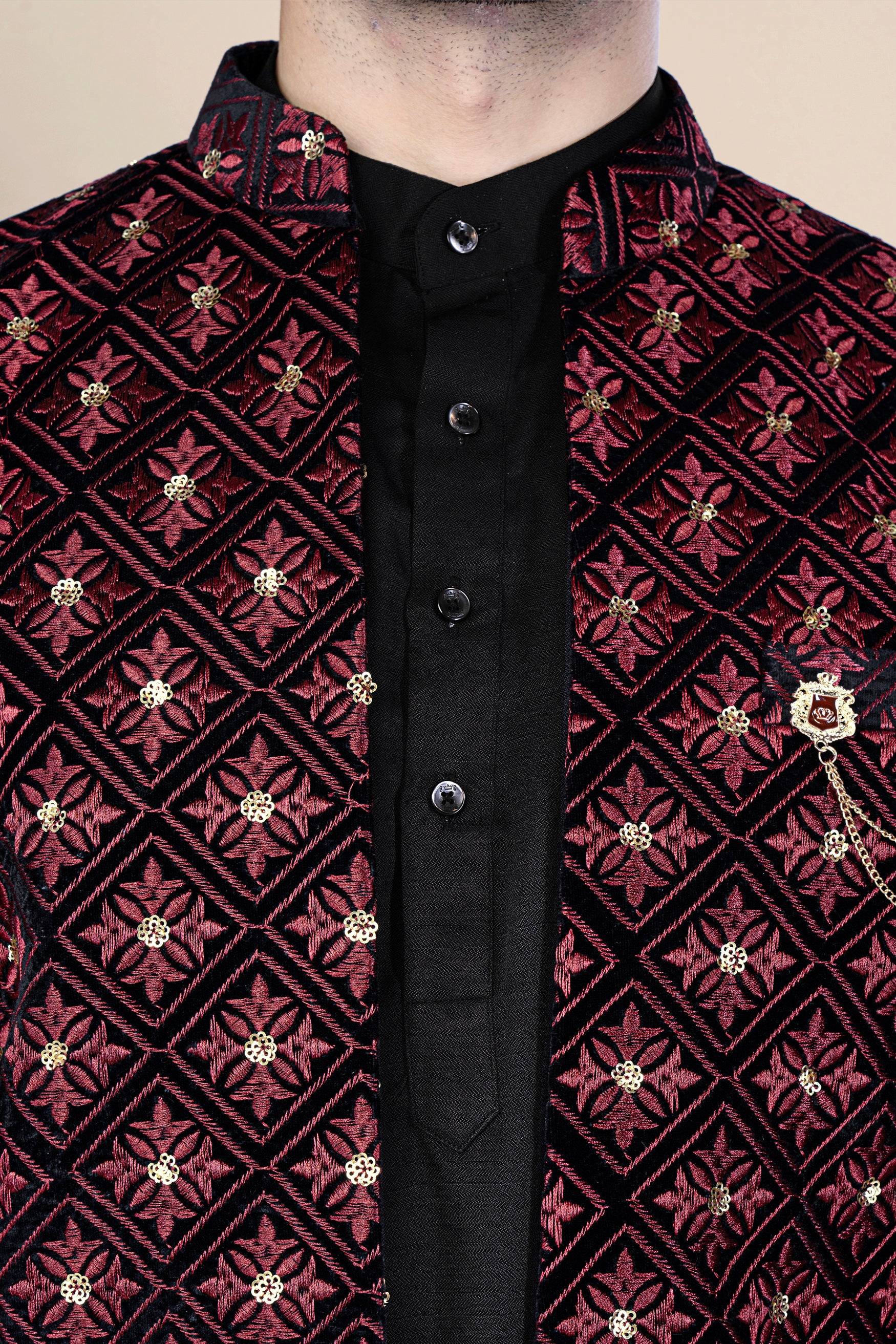 Jade Black and Cordovan Maroon Geometric Thread and Sequin Embroidered Indo-Western Set