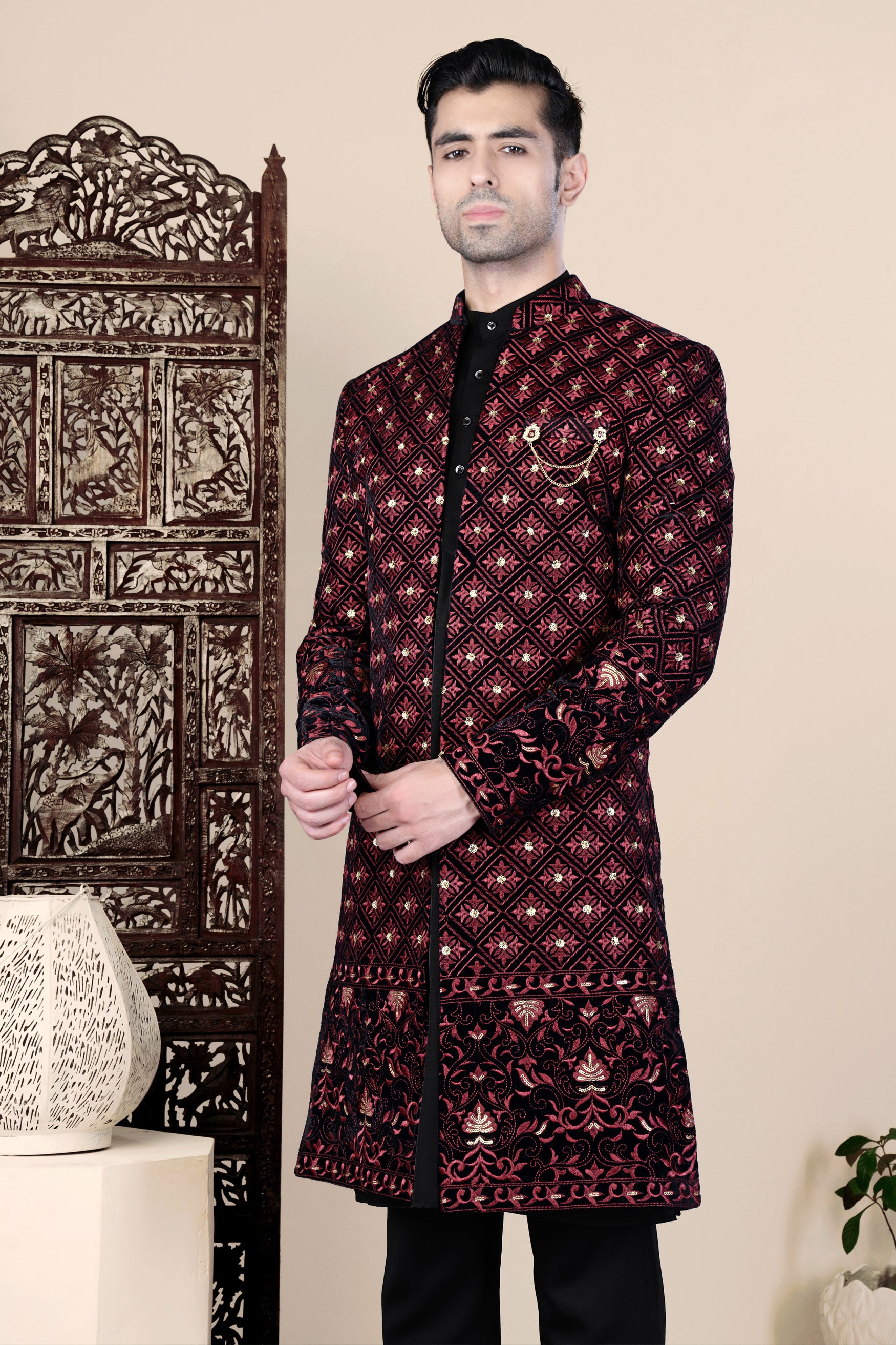 Jade Black and Cordovan Maroon Geometric Thread and Sequin Embroidered Indo-Western Set