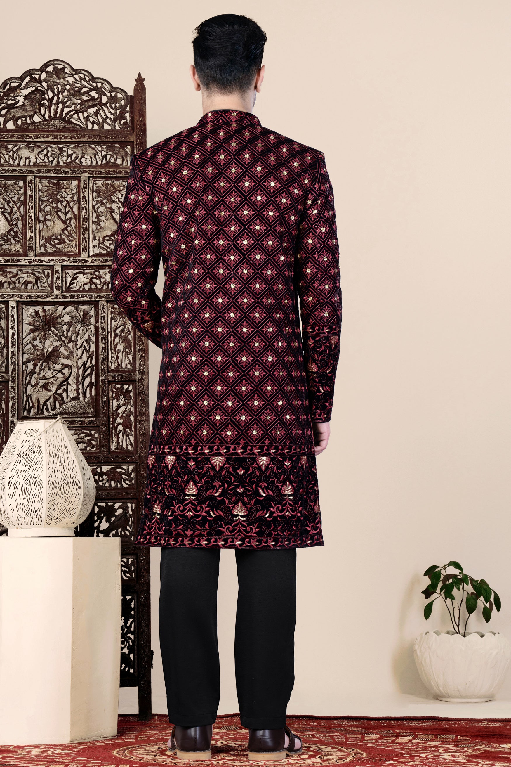 Jade Black and Cordovan Maroon Geometric Thread and Sequin Embroidered Indo-Western Set