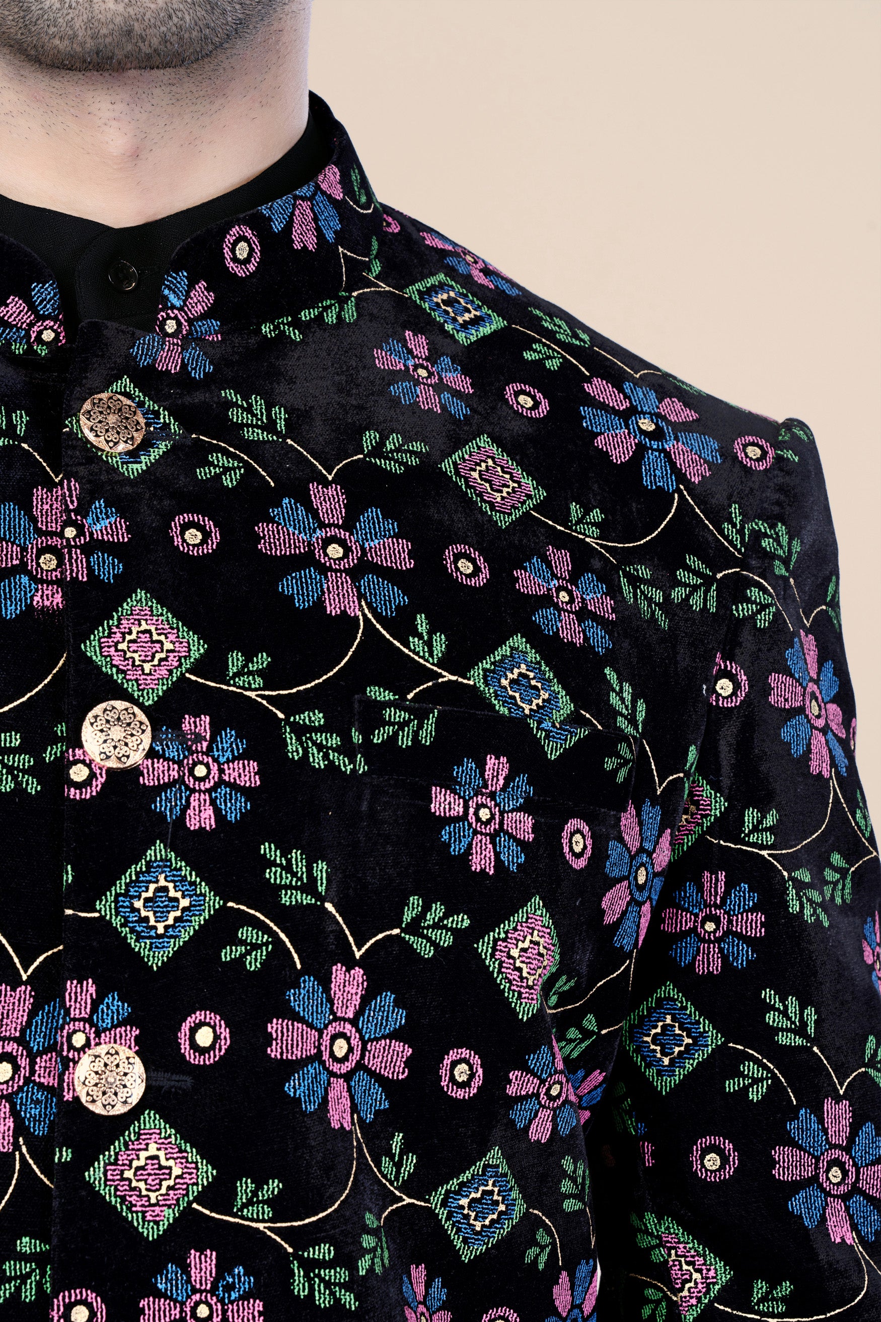 Jade Black and Glade Green Multicolour Floral Jacquard Weave Jodhpuri Set