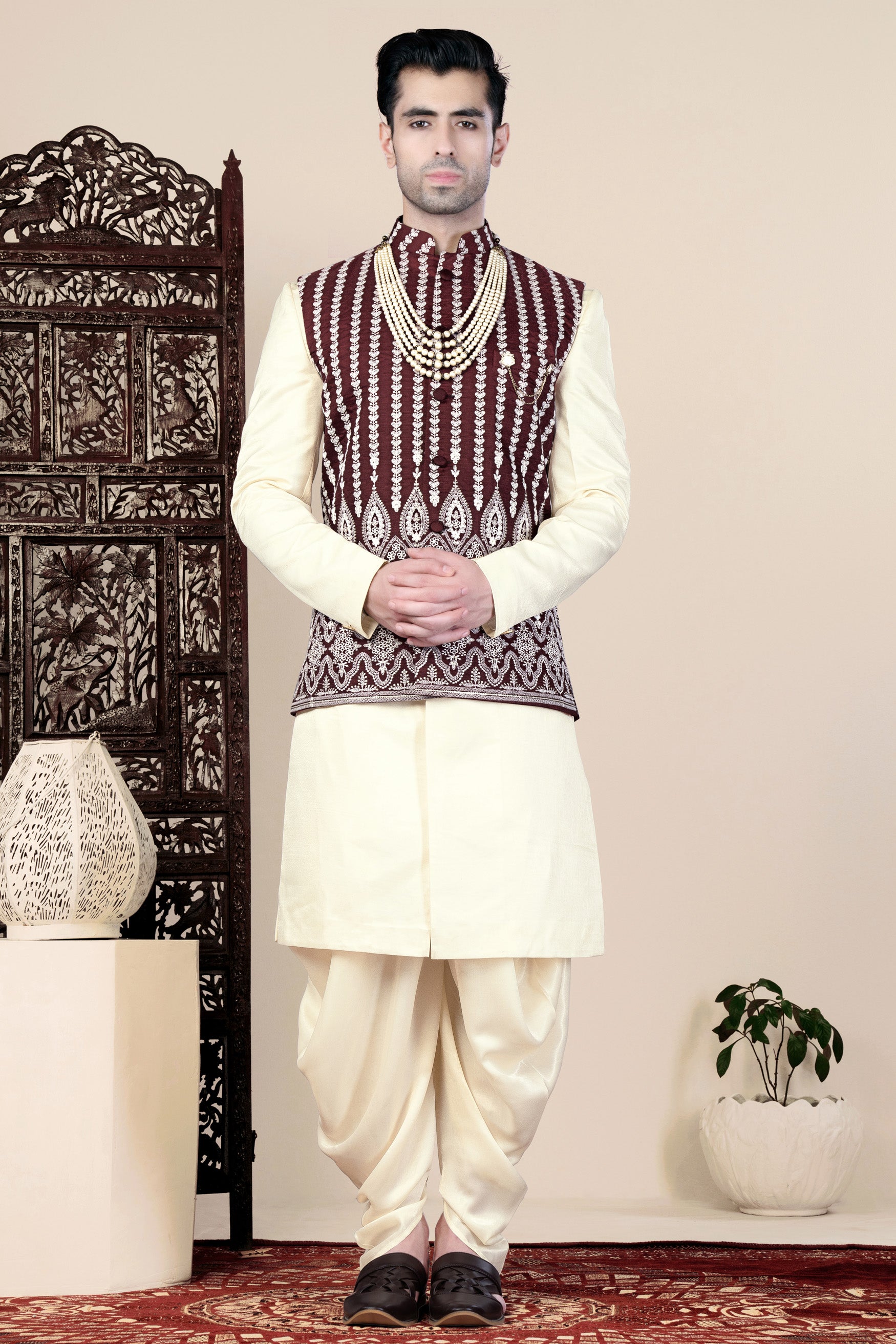 Irish Maroon and Cream Thread Embroidered Indo-Western Set with Koti