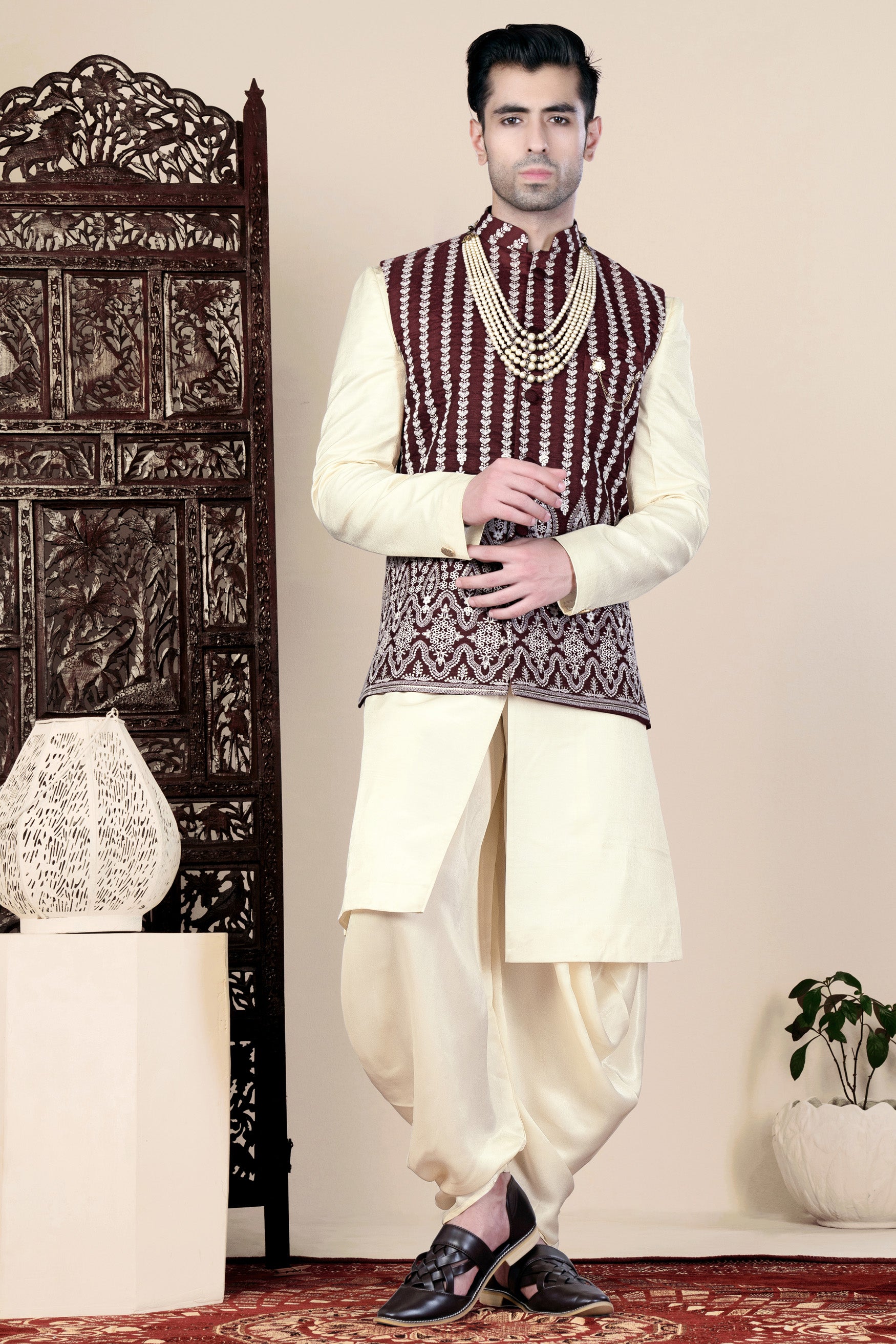Irish Maroon and Cream Thread Embroidered Indo-Western Set with Koti