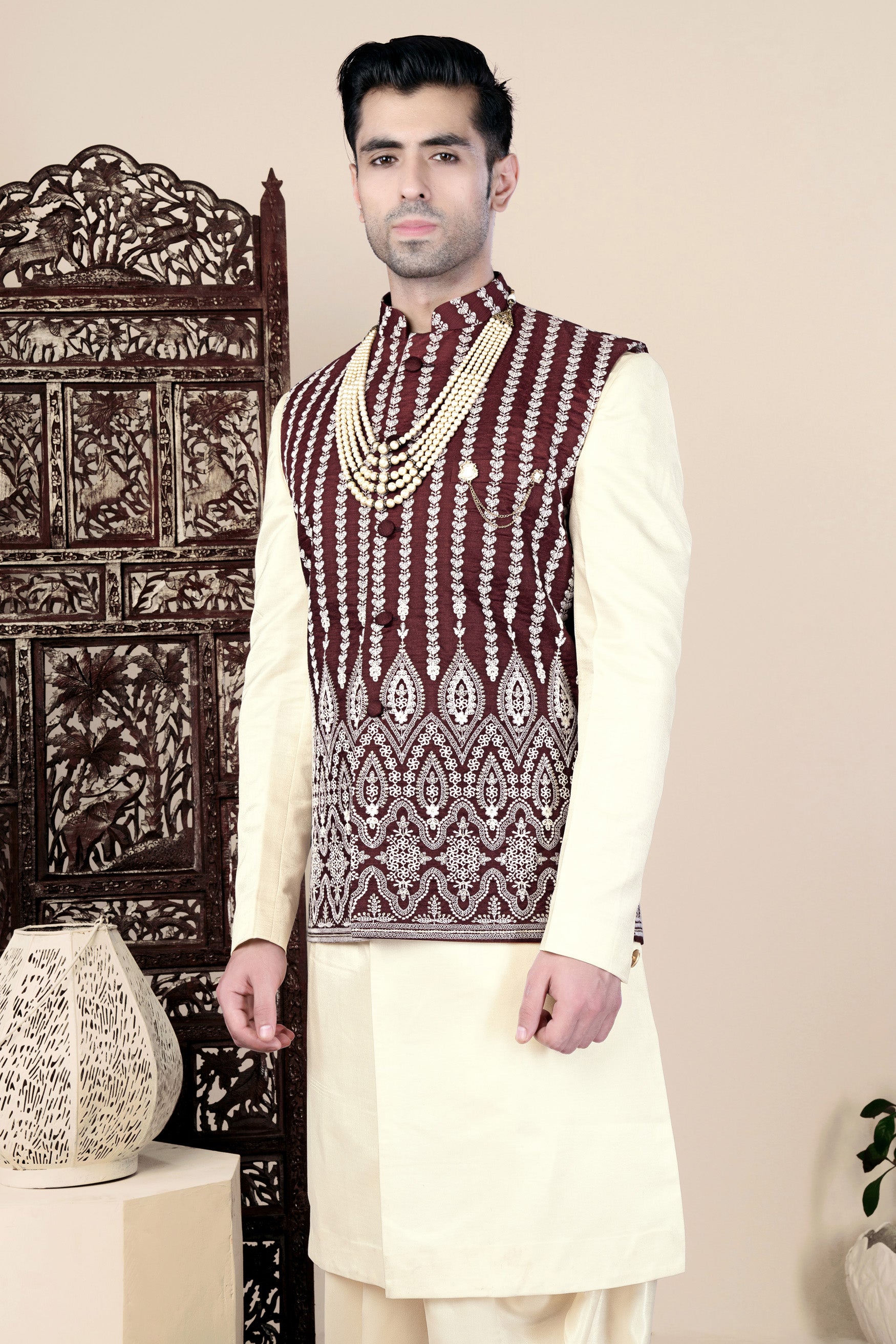 Irish Maroon and Cream Thread Embroidered Indo-Western Set with Koti