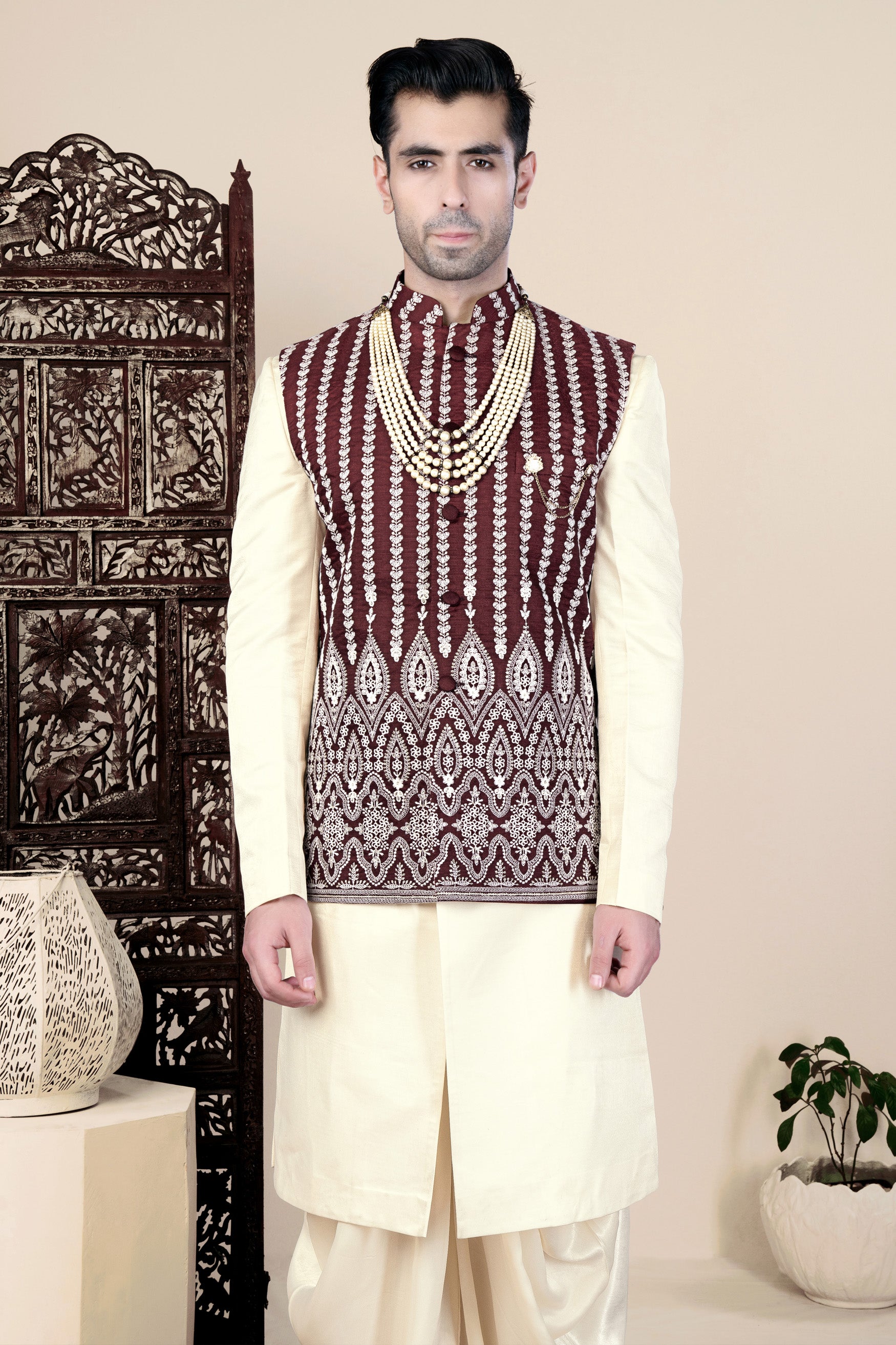 Irish Maroon and Cream Thread Embroidered Indo-Western Set with Koti