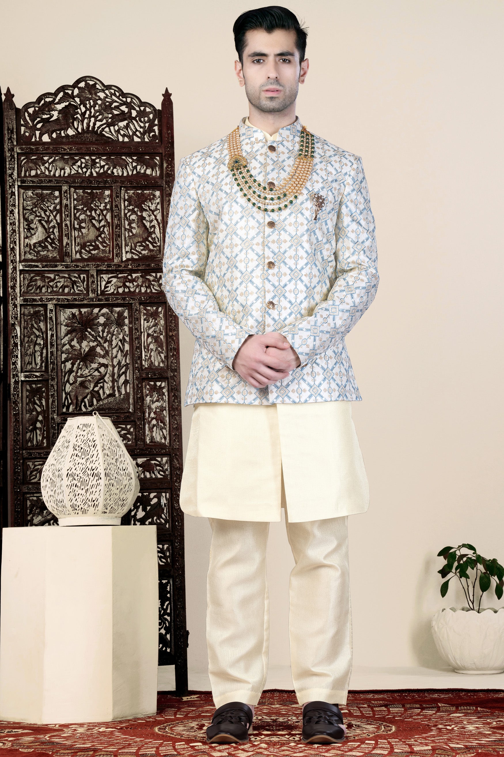 Sand Cream and Glacier Blue Geometric Thread Embroidered Jodhpuri Set