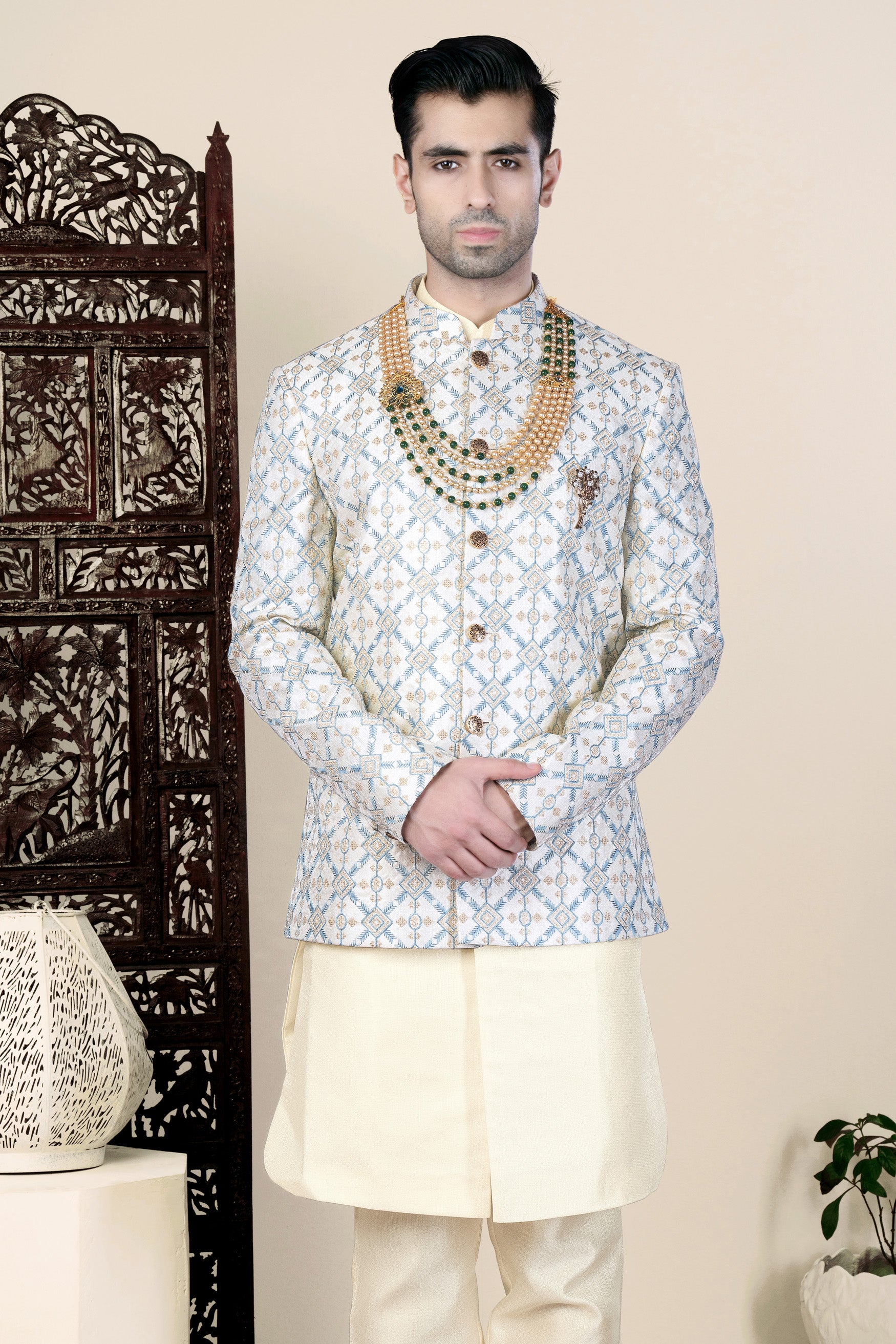 Sand Cream and Glacier Blue Geometric Thread Embroidered Jodhpuri Set