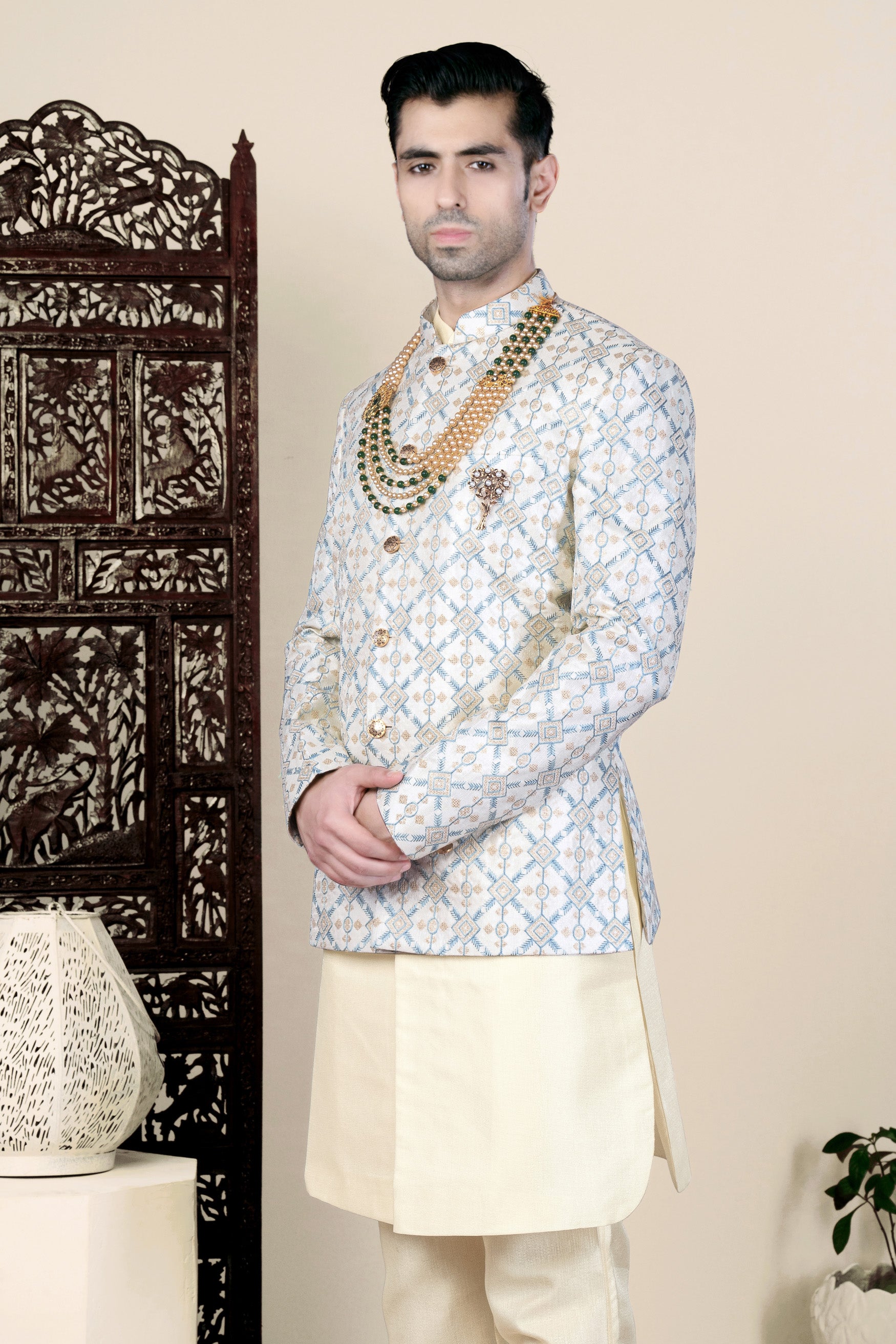 Sand Cream and Glacier Blue Geometric Thread Embroidered Jodhpuri Set