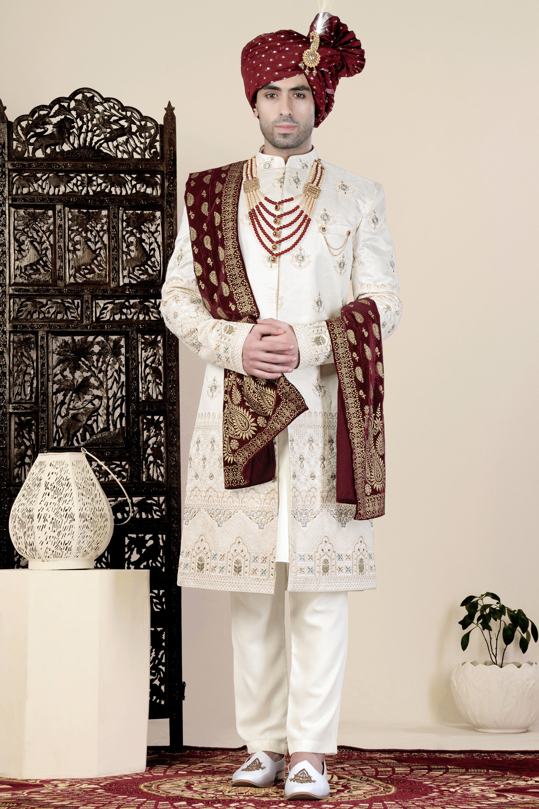 Eggshell Cream and Casper Blue Floral Thread and Sequin Embroidered Indo-Western Sherwani Set