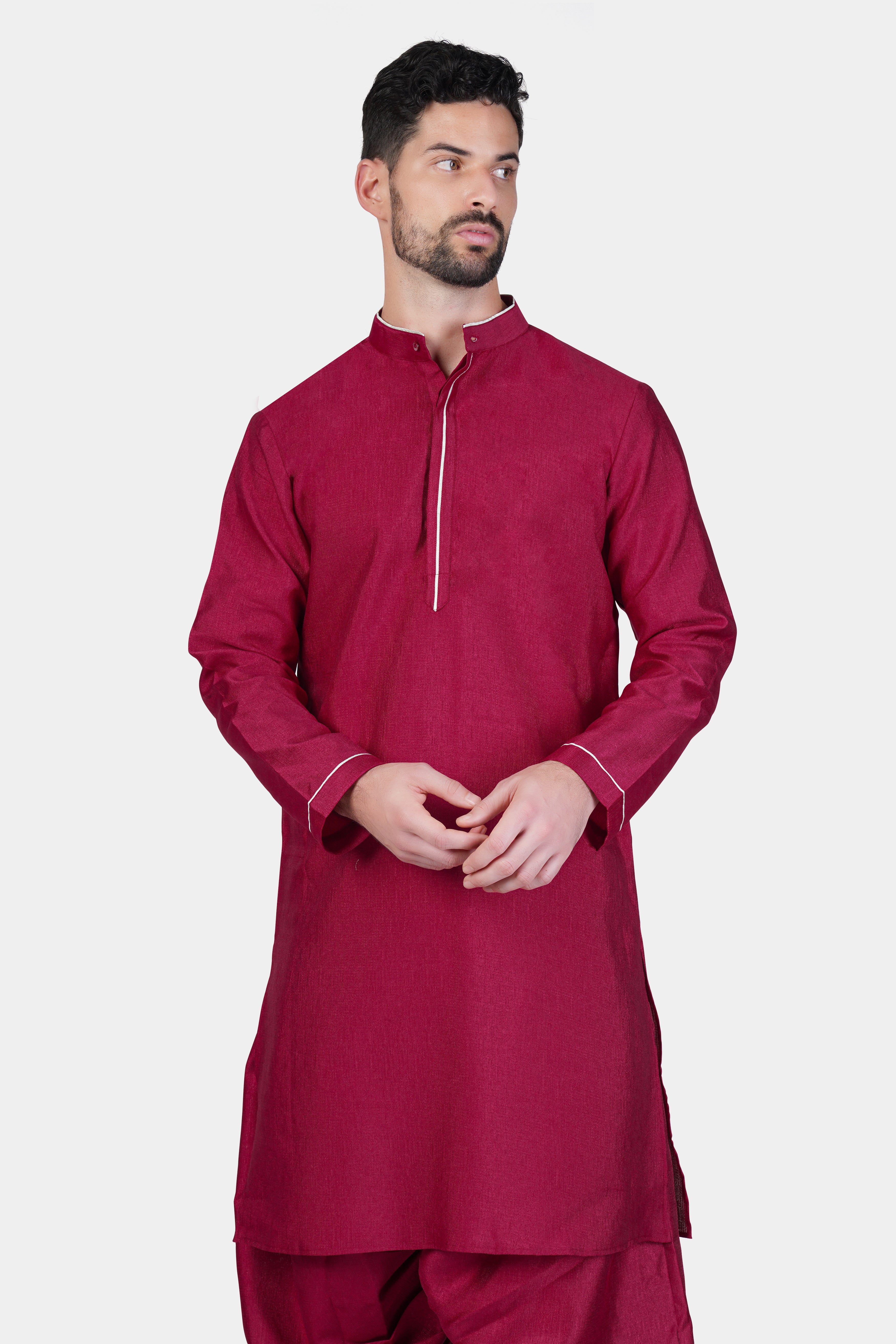 Bright White and Merlot Red Thread and Sequin Embroidered Indo-Western Sherwani Set