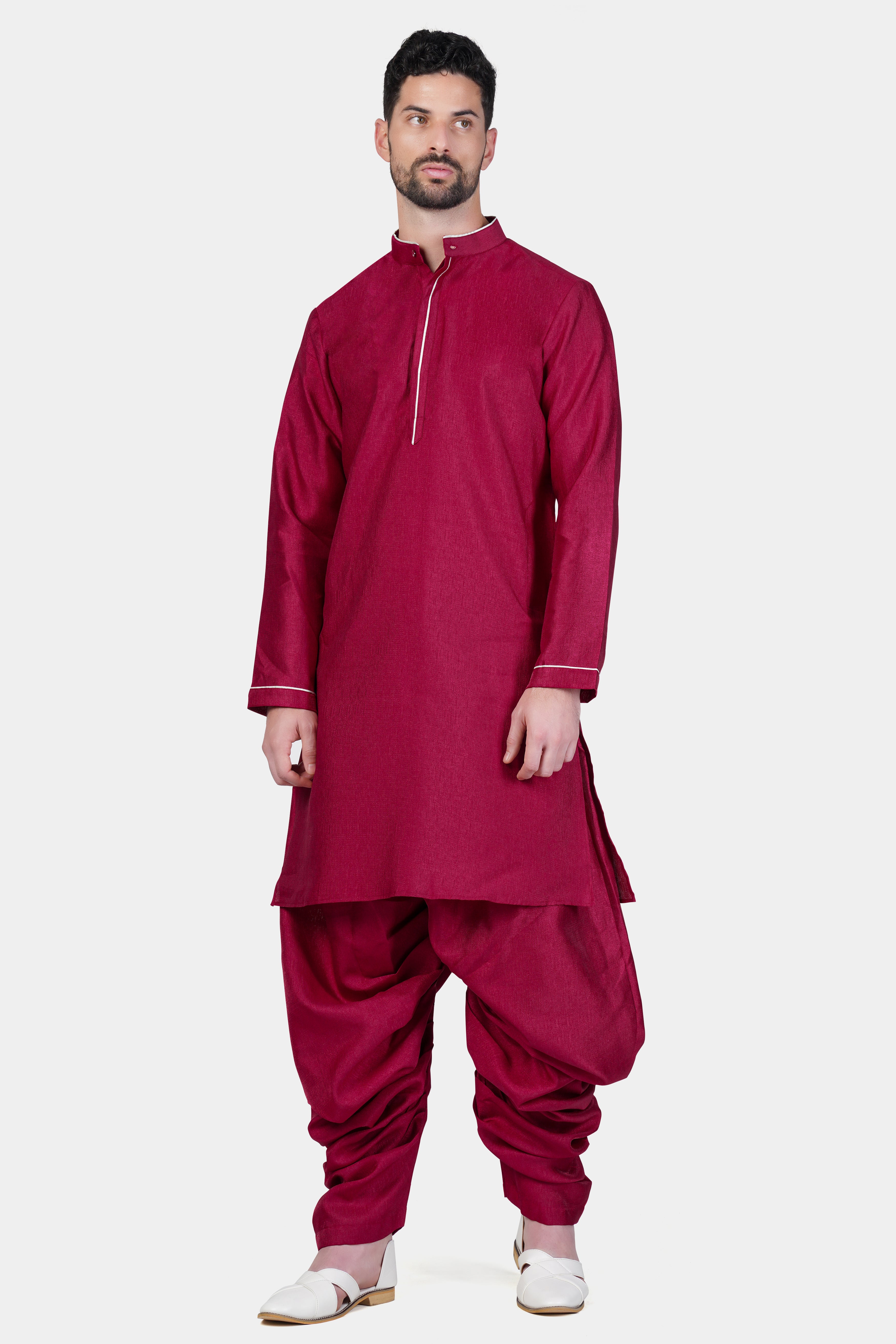 Bright White and Merlot Red Thread and Sequin Embroidered Indo-Western Sherwani Set