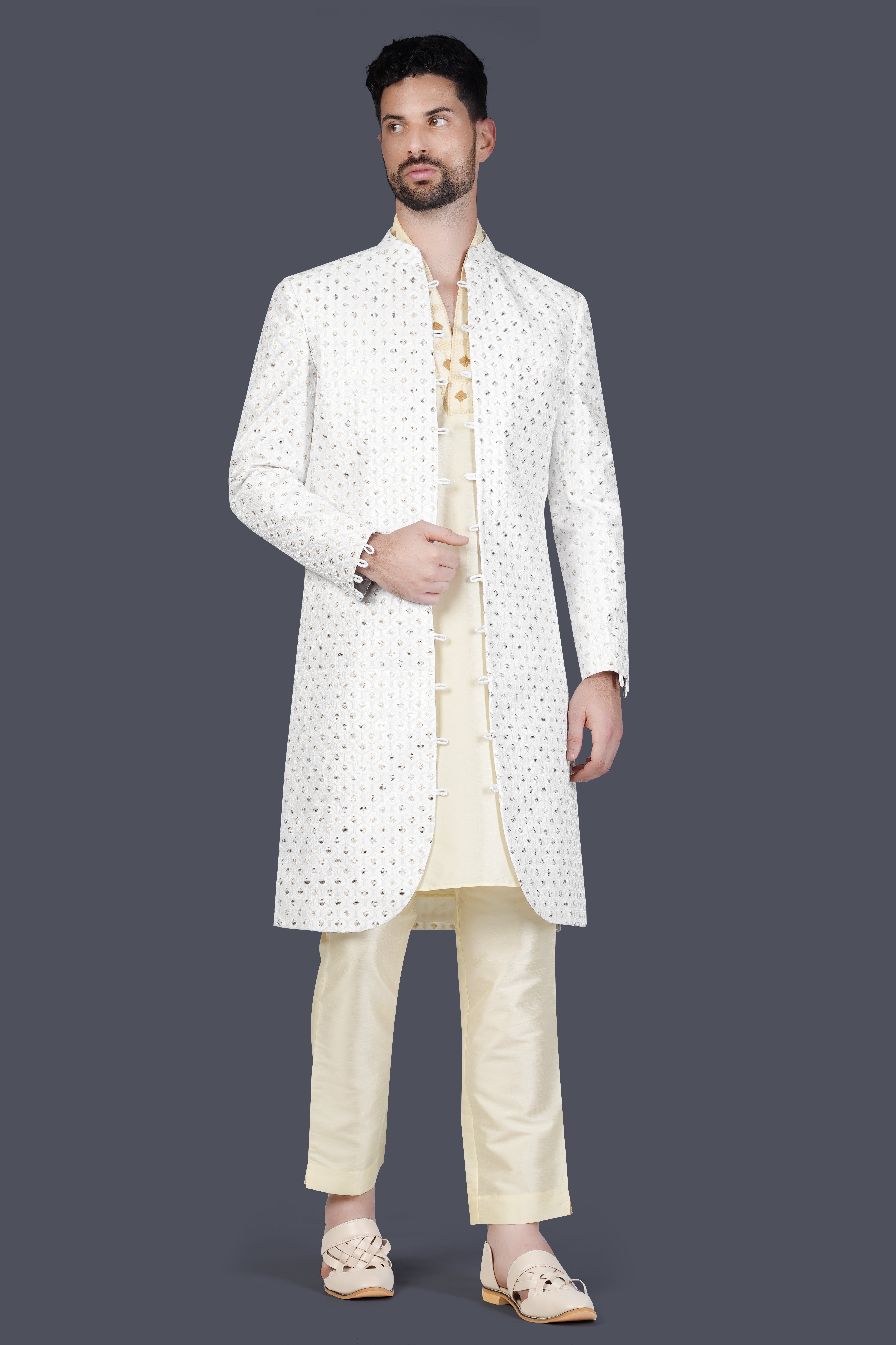 Bright White and Pancho Beige Sequin Embroidered Indo-Western Sherwani Set
