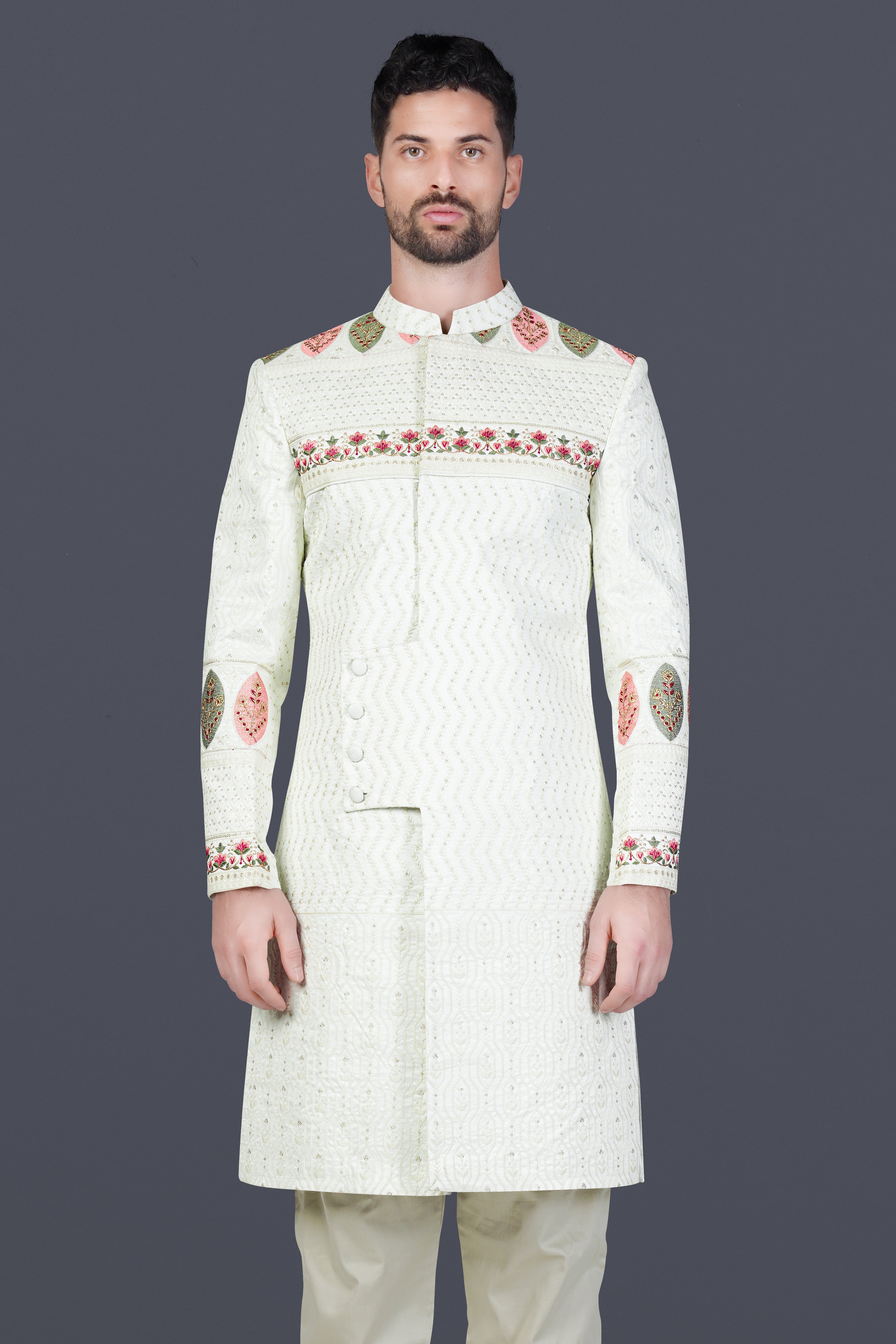 Frost Cream and Hazel Green Thread and Sequin Embroidered Indo-Western Sherwani Set