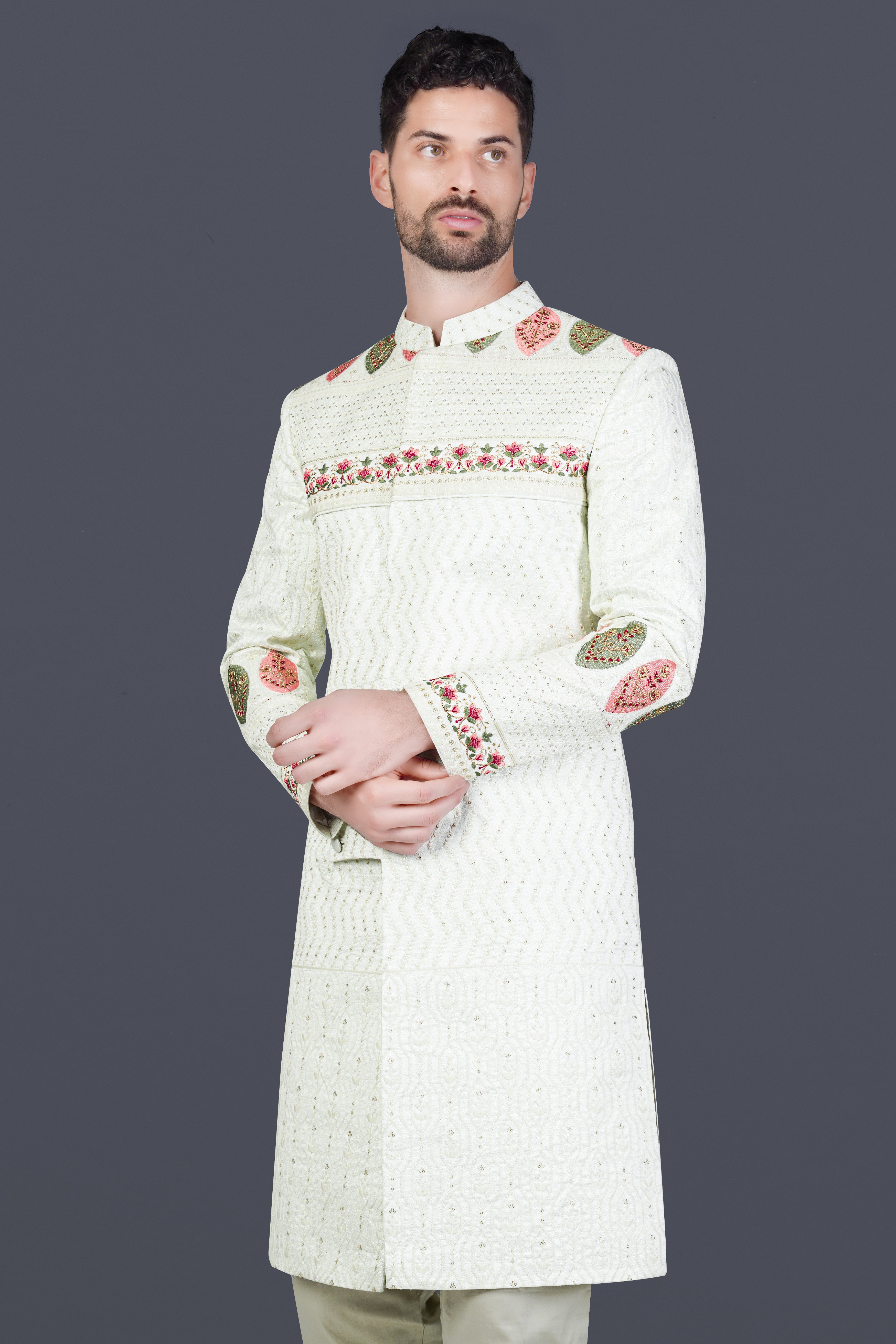 Frost Cream and Hazel Green Thread and Sequin Embroidered Indo-Western Sherwani Set