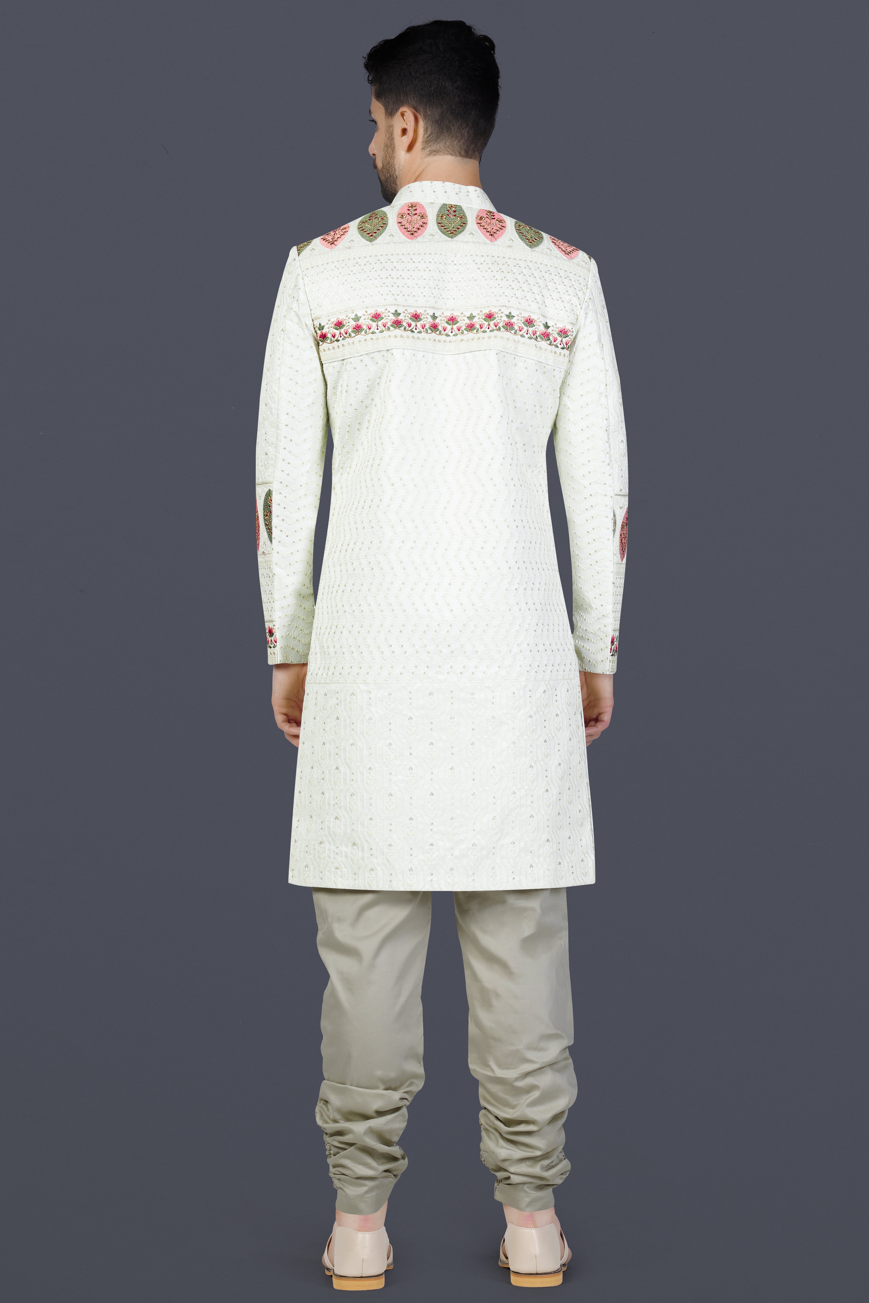 Frost Cream and Hazel Green Thread and Sequin Embroidered Indo-Western Sherwani Set