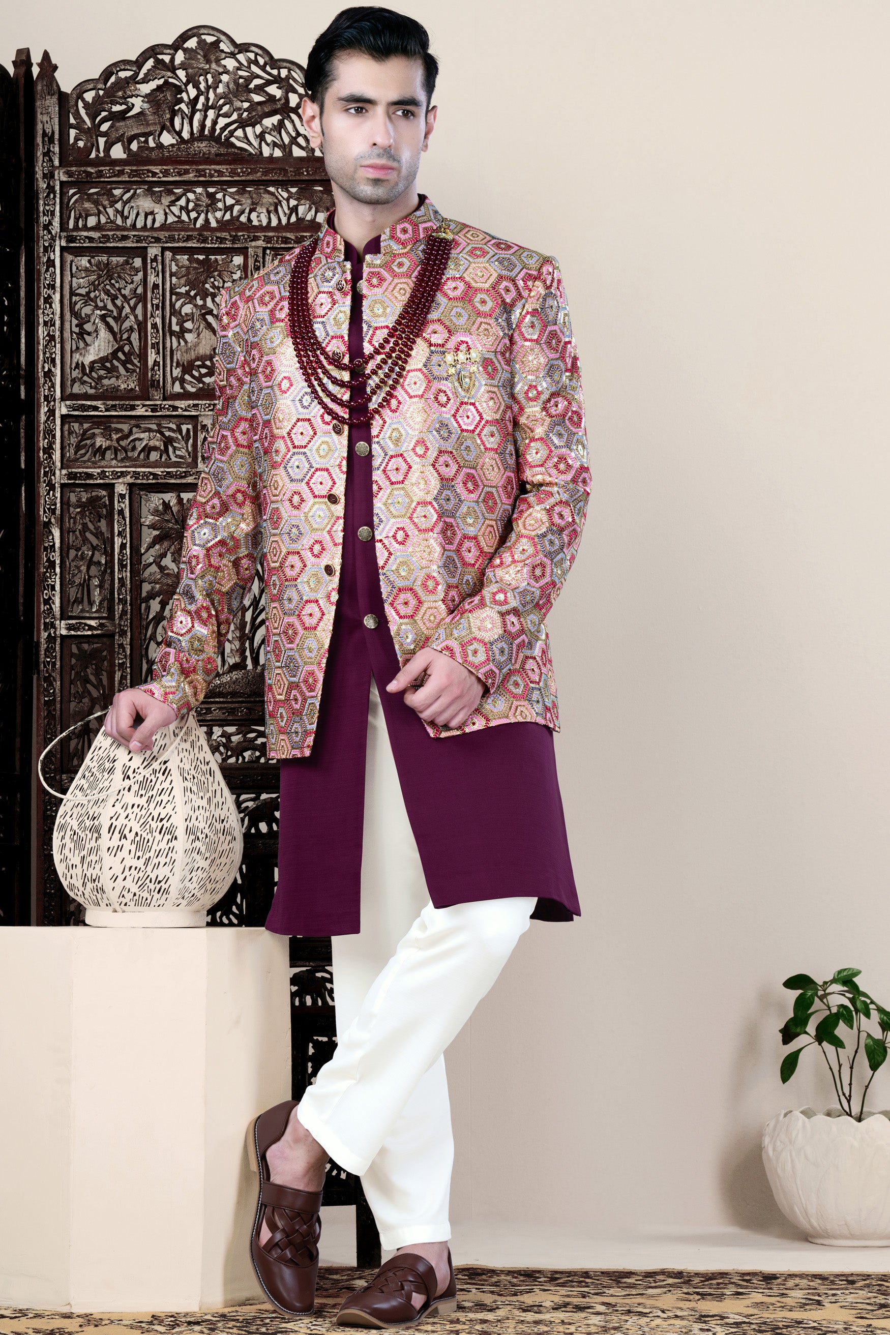Radical Pink and Rhino Blue Multicolour Thread and Sequin Embroidered Indo-Western Jodhpuri Set