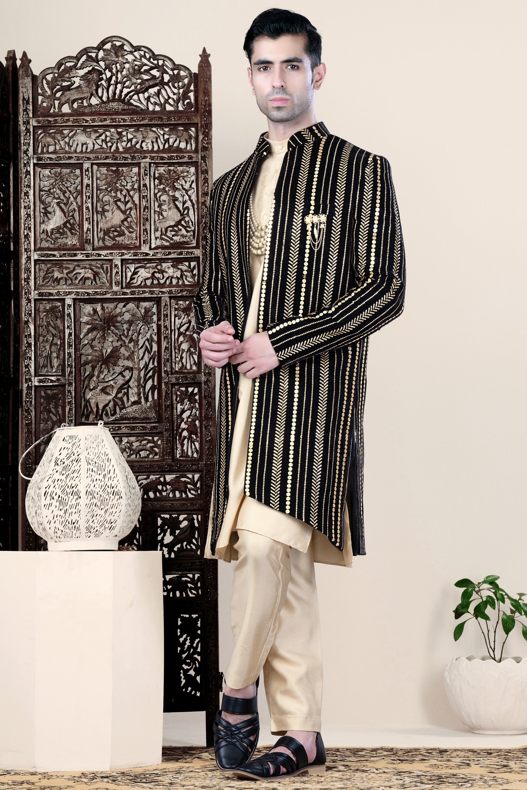 Jade Black Vertical Sequin Embroidered Indo-Western Set