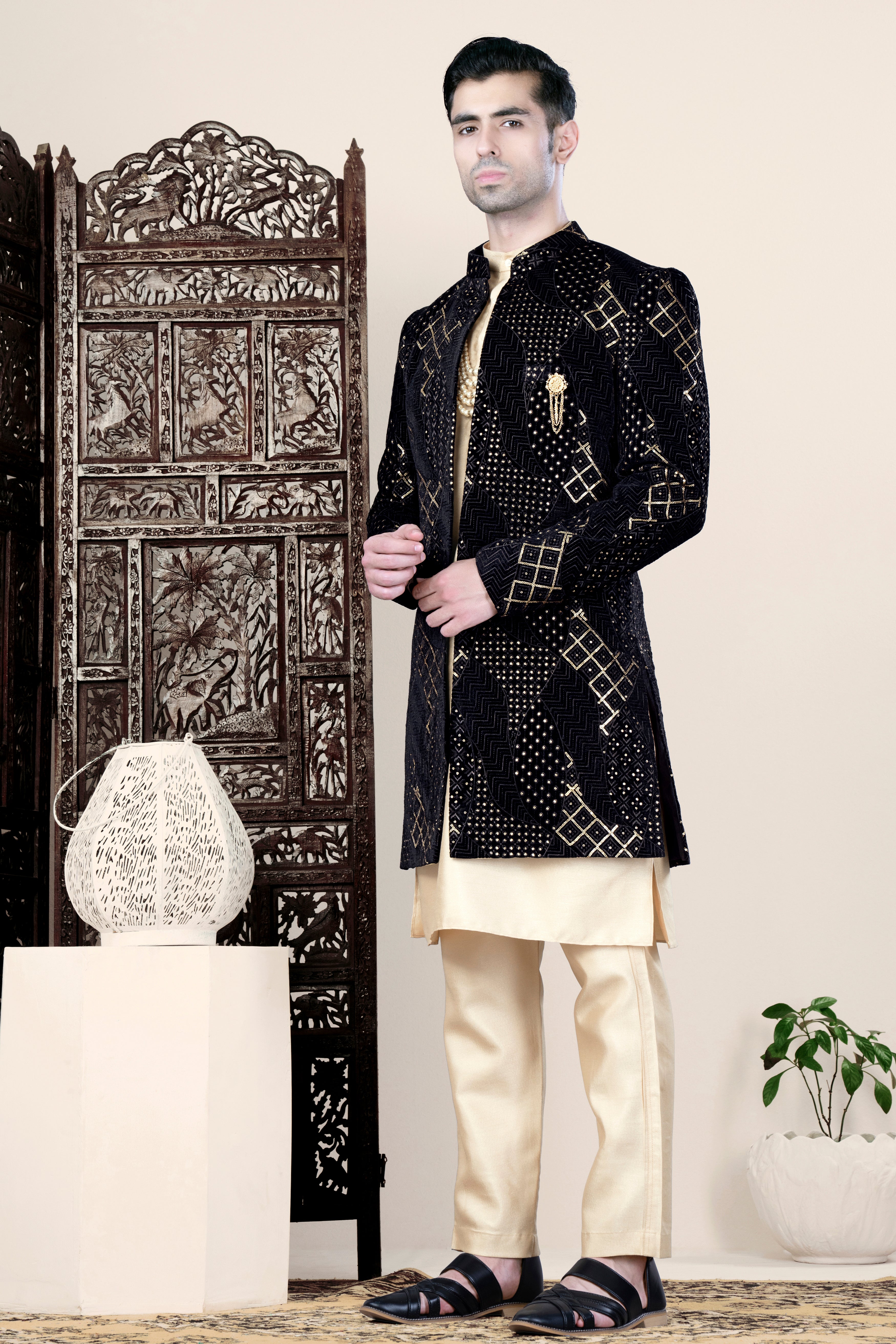 Jade Black Thread and Sequin Embroidered Indo-Western Set