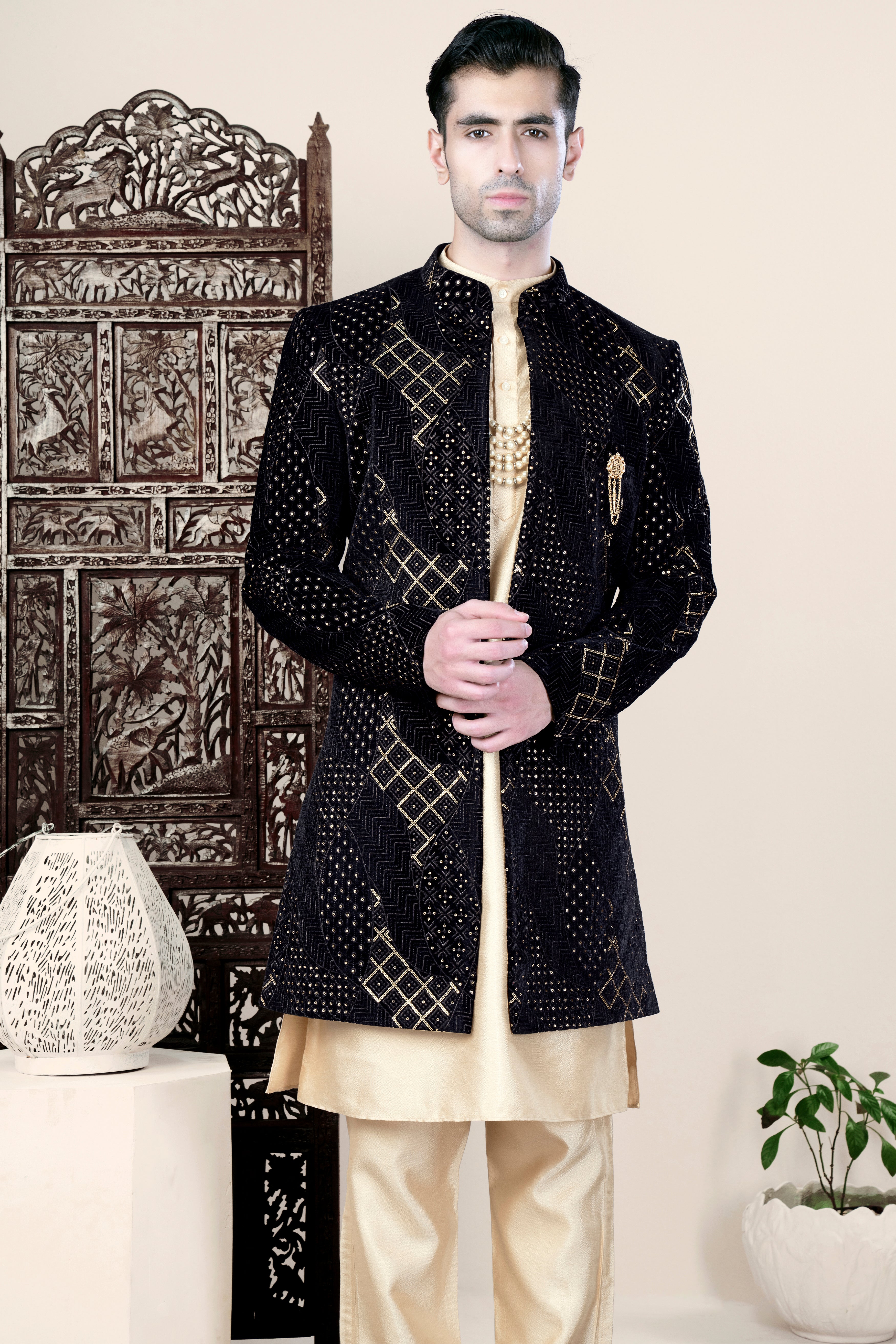 Jade Black Thread and Sequin Embroidered Indo-Western Set