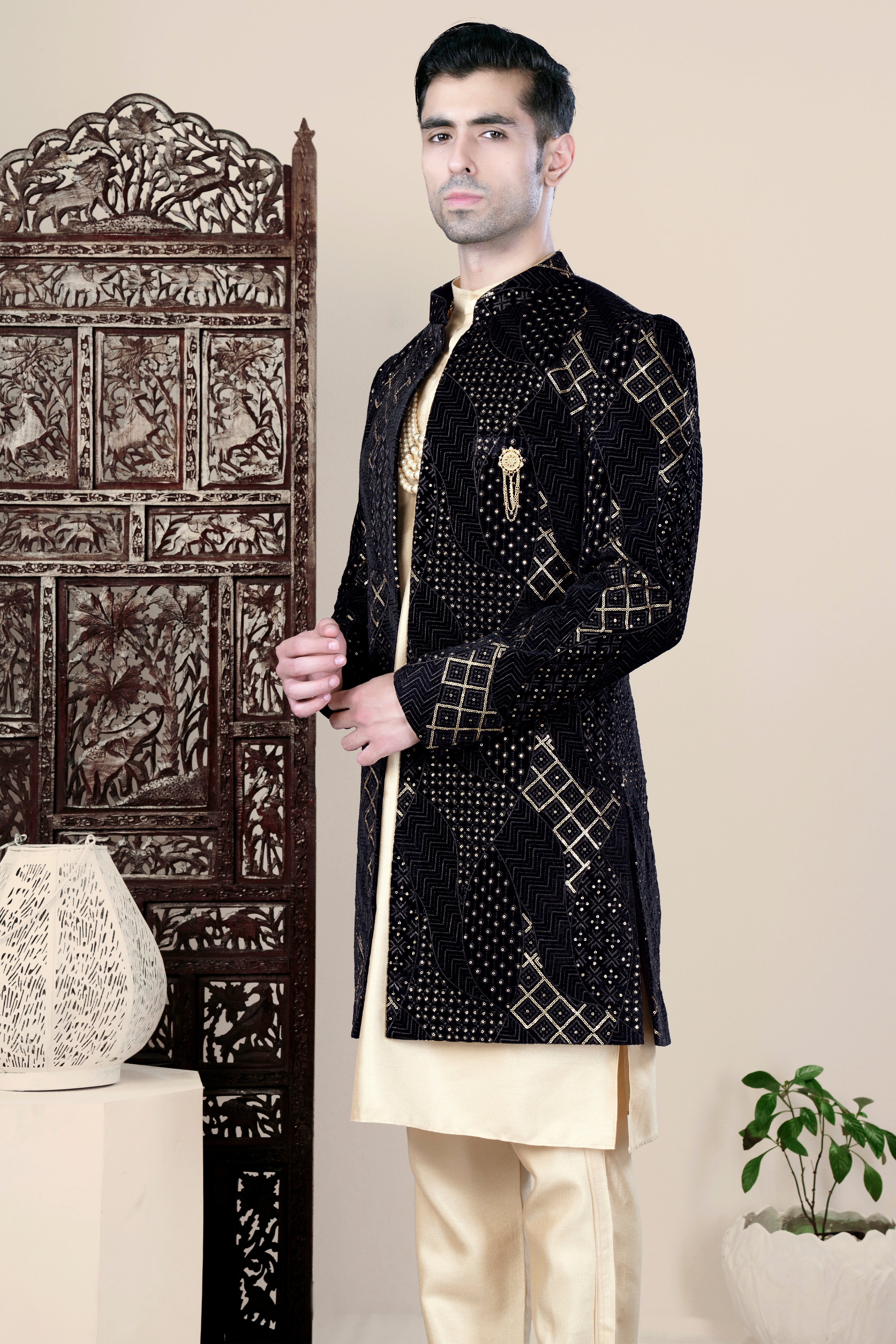 Jade Black Thread and Sequin Embroidered Indo-Western Set