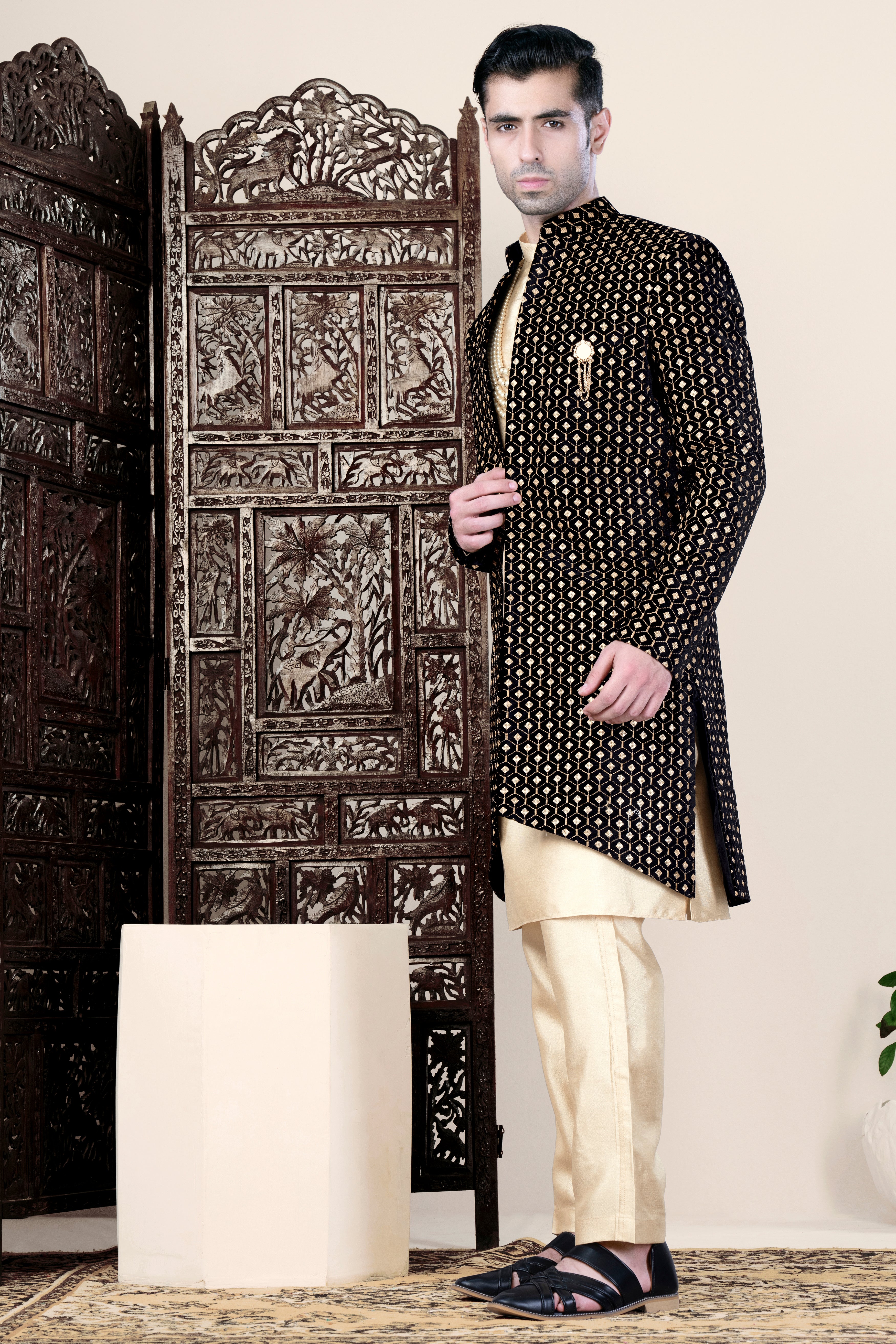 Jade Black and Fawn Brown Geometric Pattern Thread and Sequin Embroidered Indo-Western Set