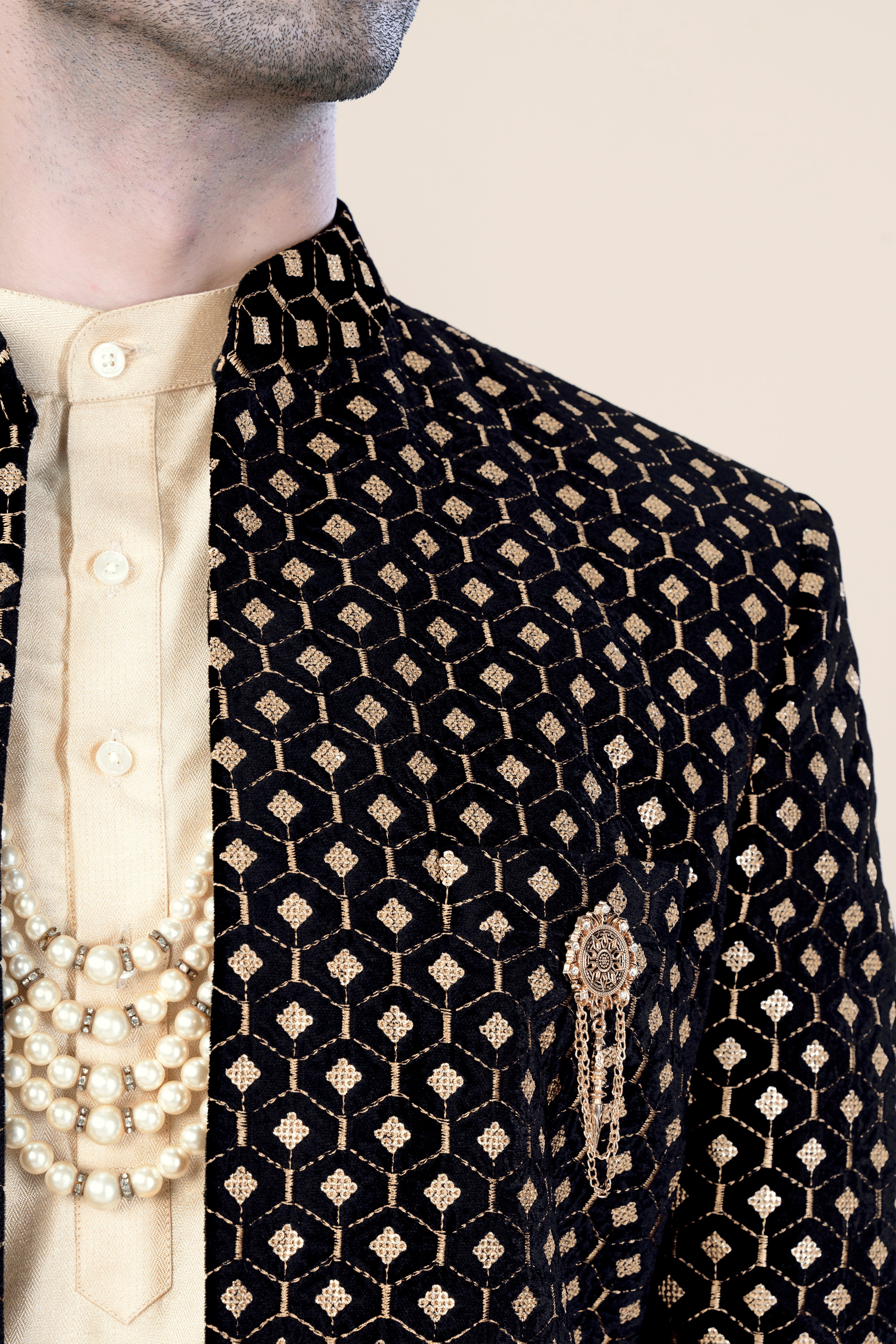 Jade Black and Fawn Brown Geometric Pattern Thread and Sequin Embroidered Indo-Western Set