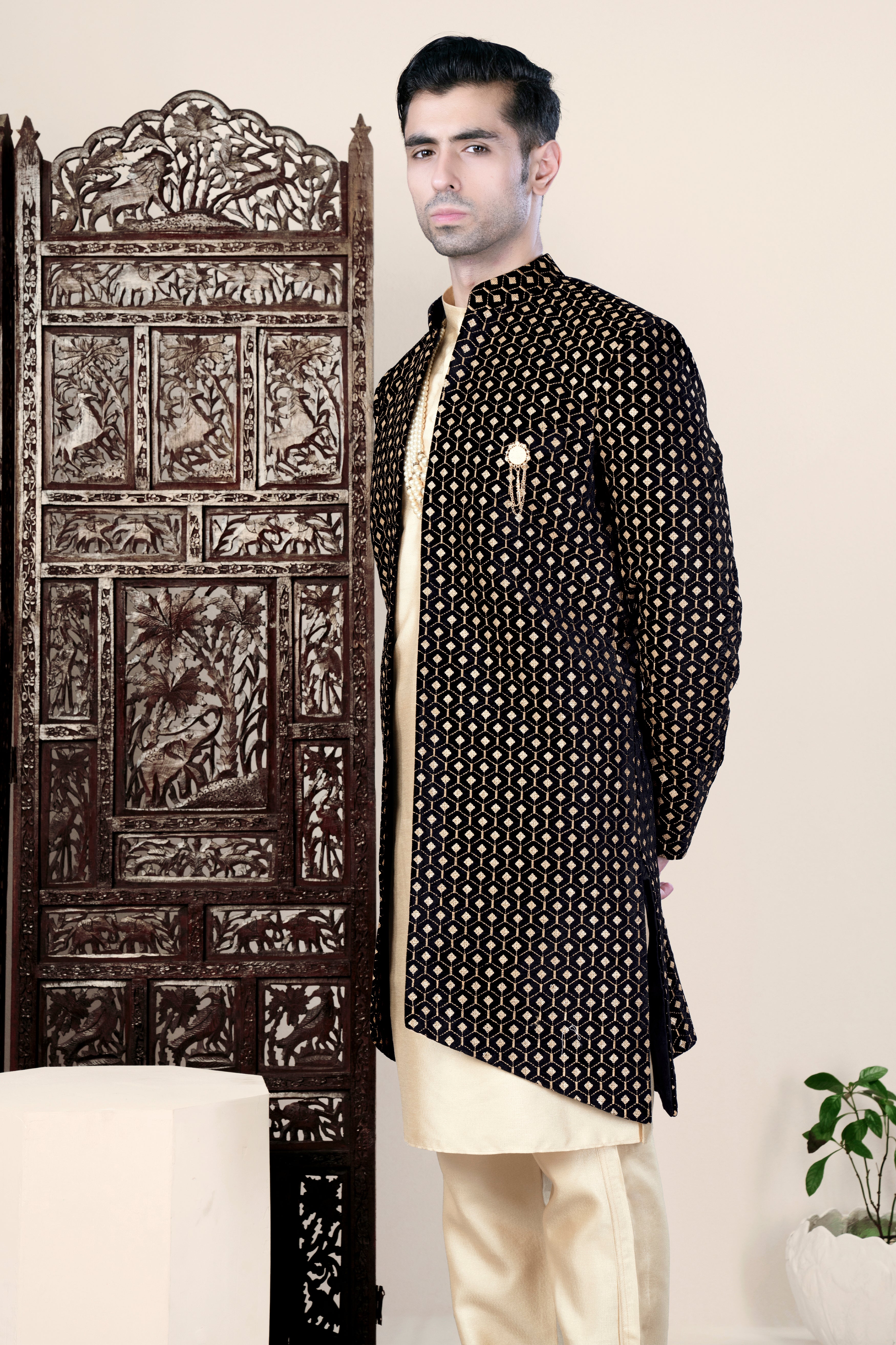 Jade Black and Fawn Brown Geometric Pattern Thread and Sequin Embroidered Indo-Western Set