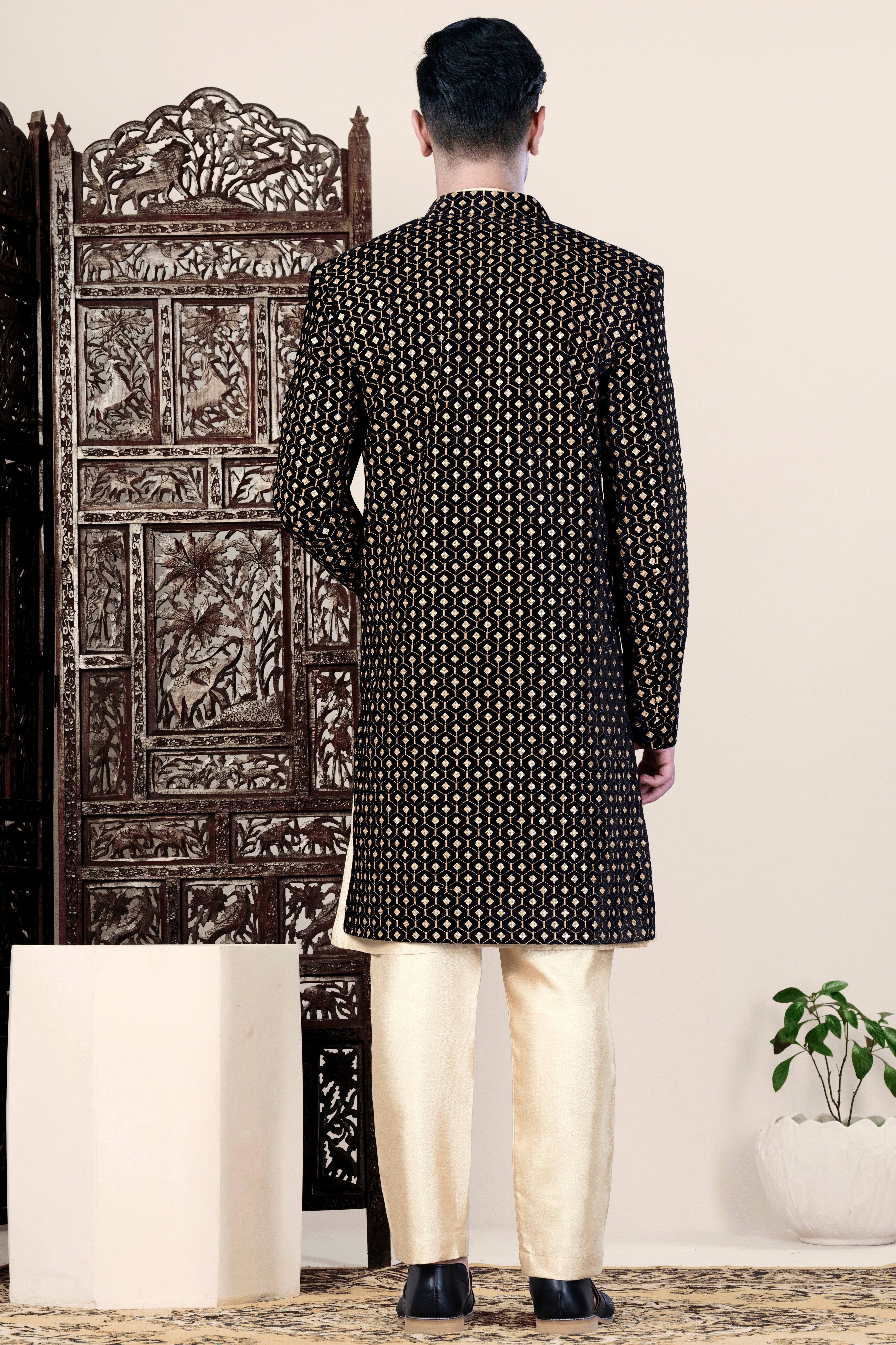 Jade Black and Fawn Brown Geometric Pattern Thread and Sequin Embroidered Indo-Western Set