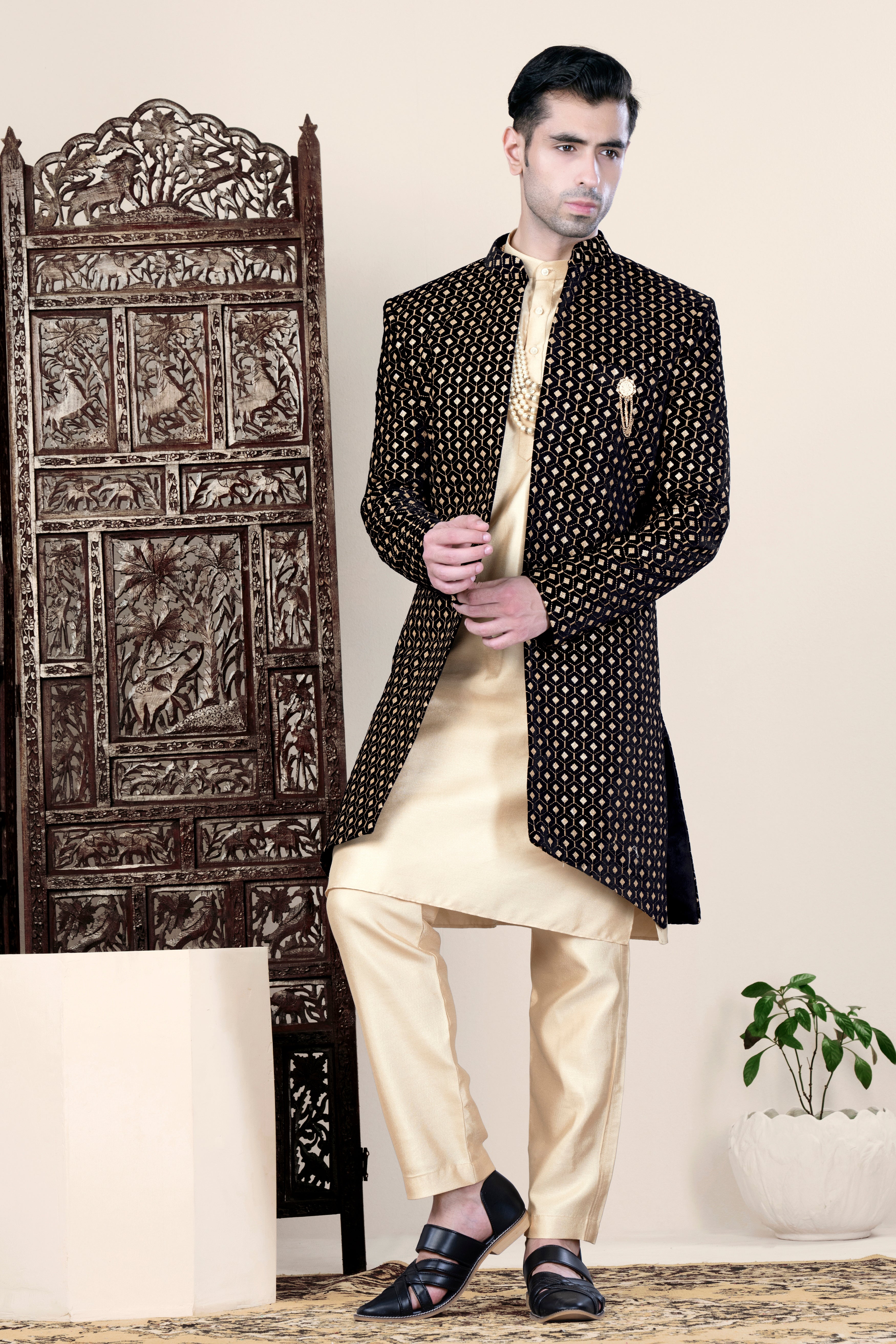 Jade Black and Fawn Brown Geometric Pattern Thread and Sequin Embroidered Indo-Western Set