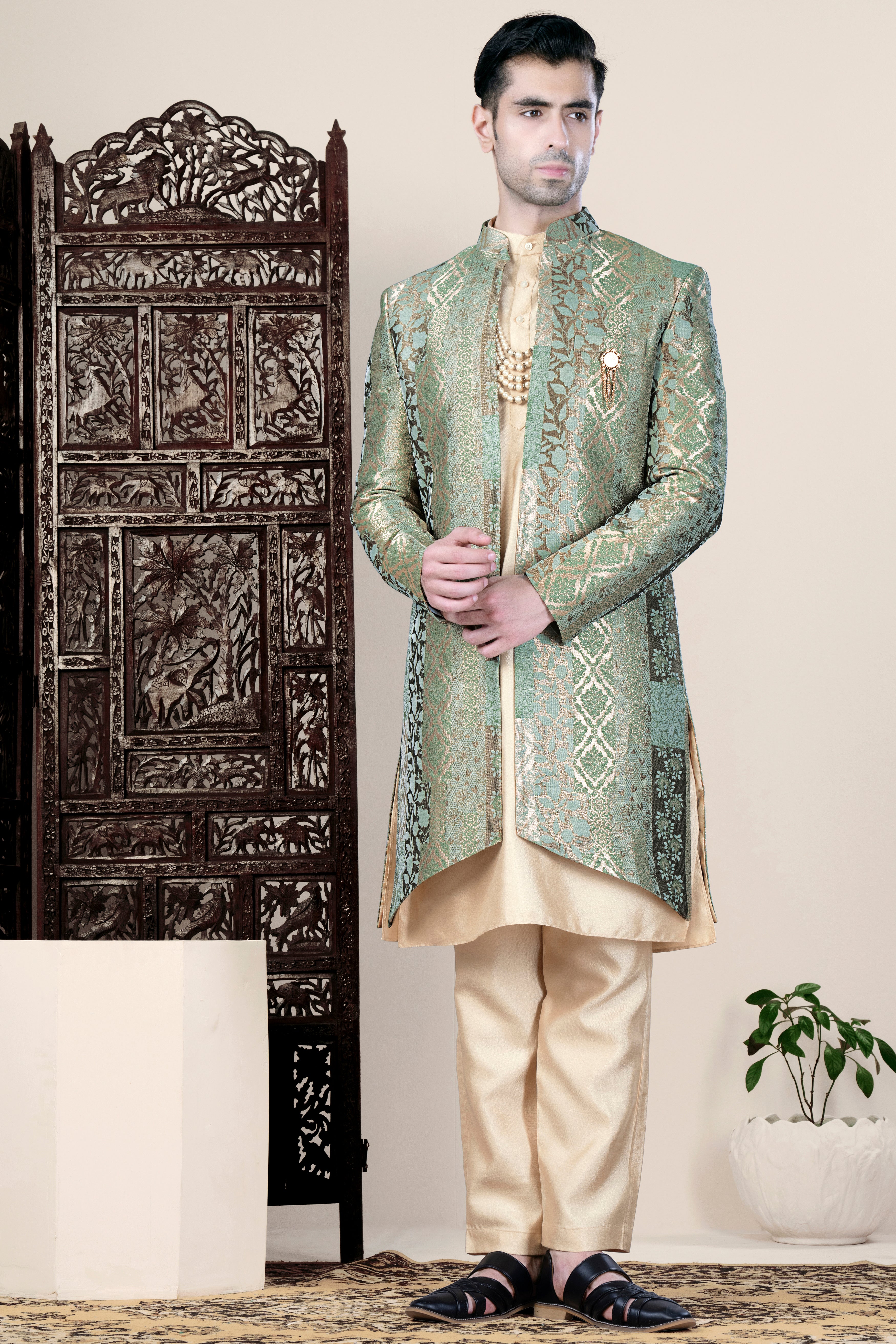 Envy Green and Opium Brown Jacquard Weave Indo-Western Set