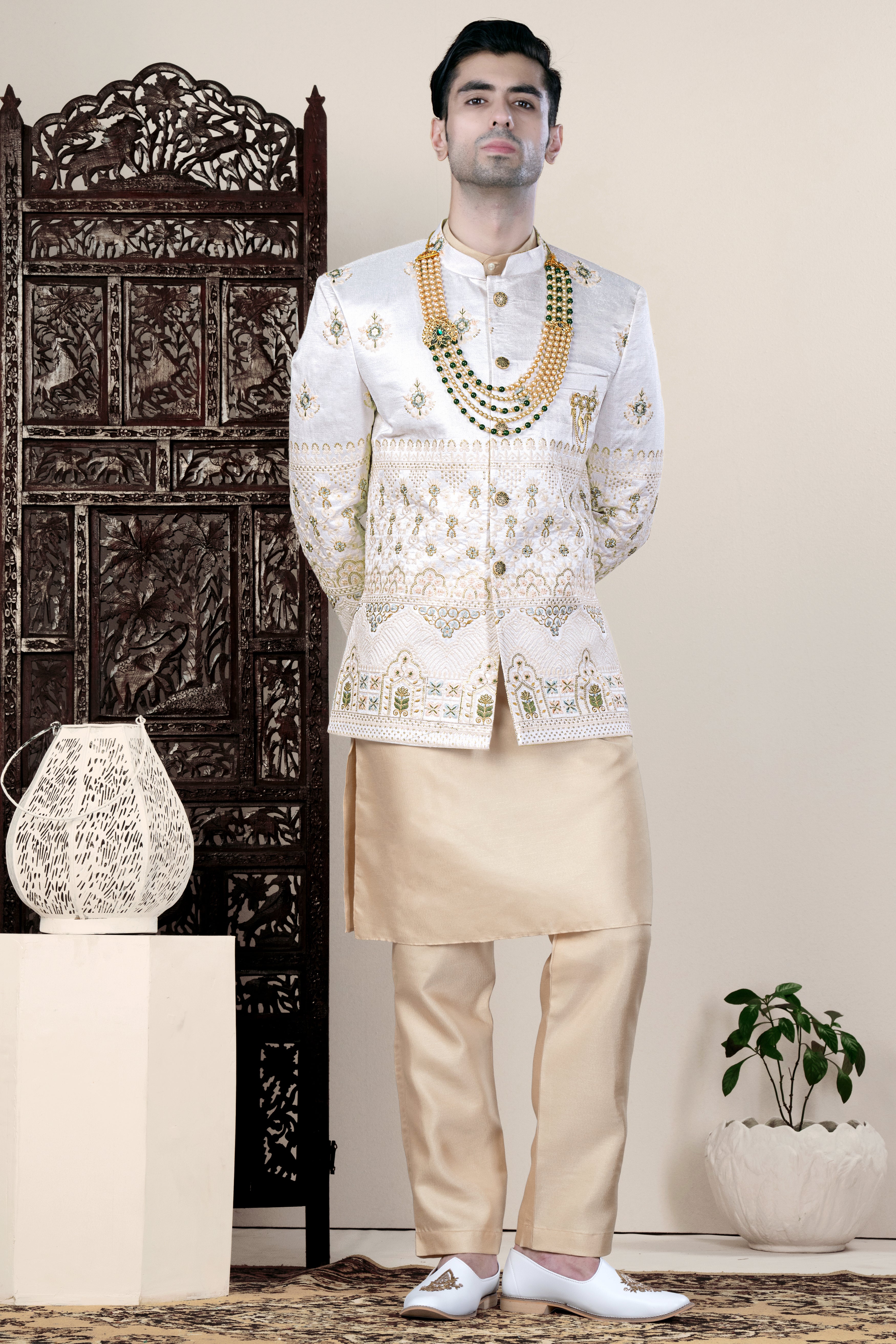 Bright White and Finch Green Floral Thread and Sequin Embroidered Jodhpuri Set