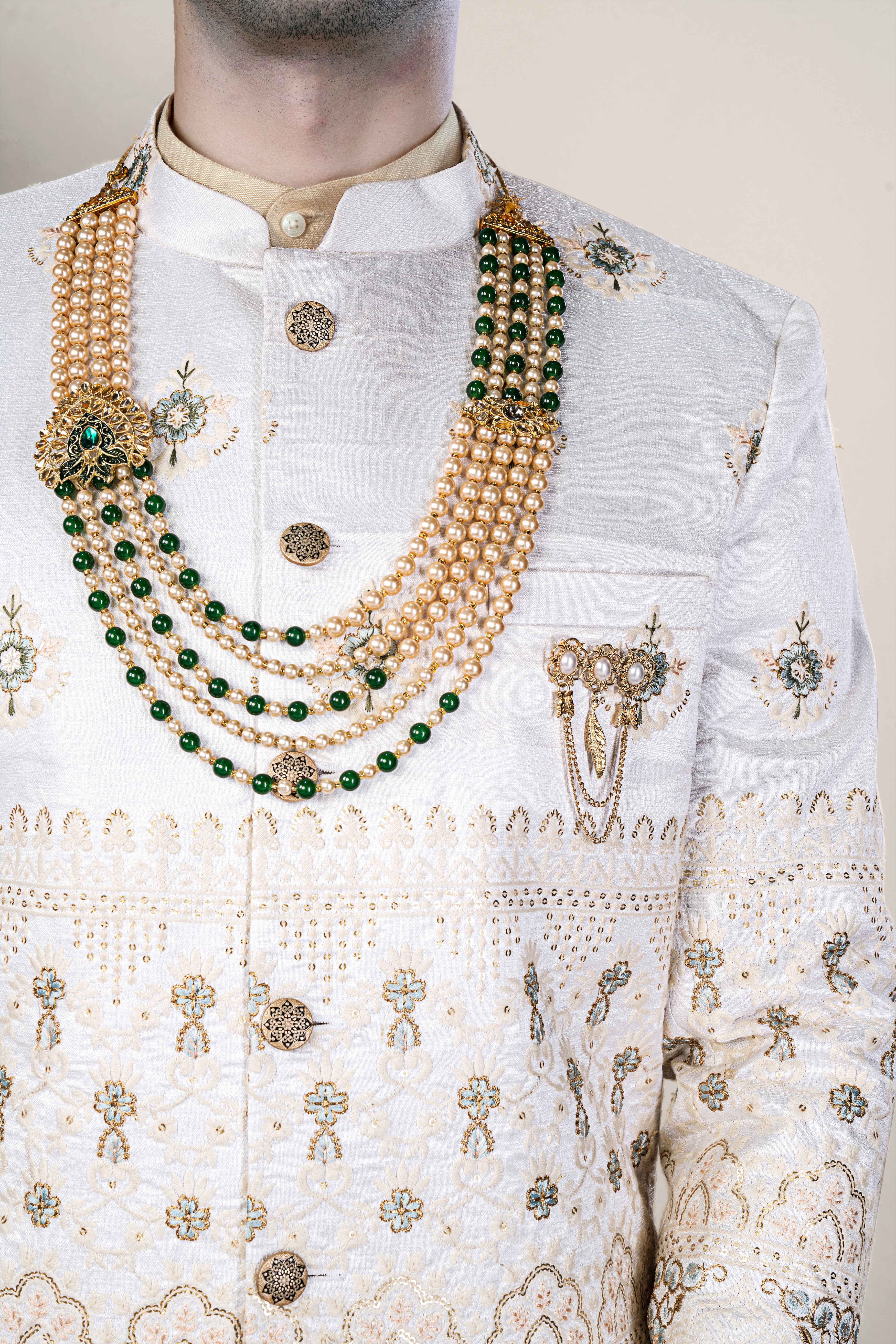 Bright White and Finch Green Floral Thread and Sequin Embroidered Jodhpuri Set