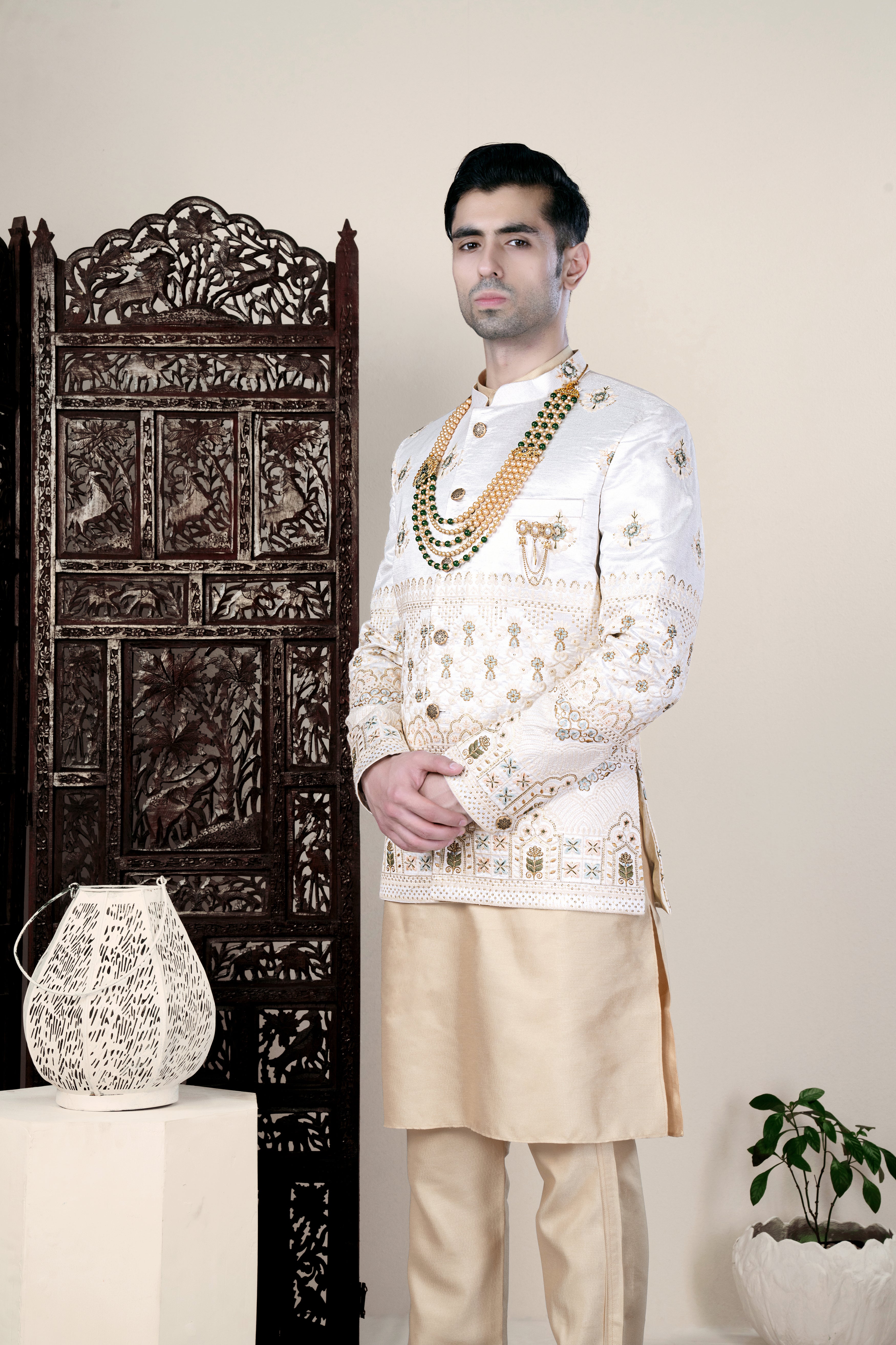 Bright White and Finch Green Floral Thread and Sequin Embroidered Jodhpuri Set