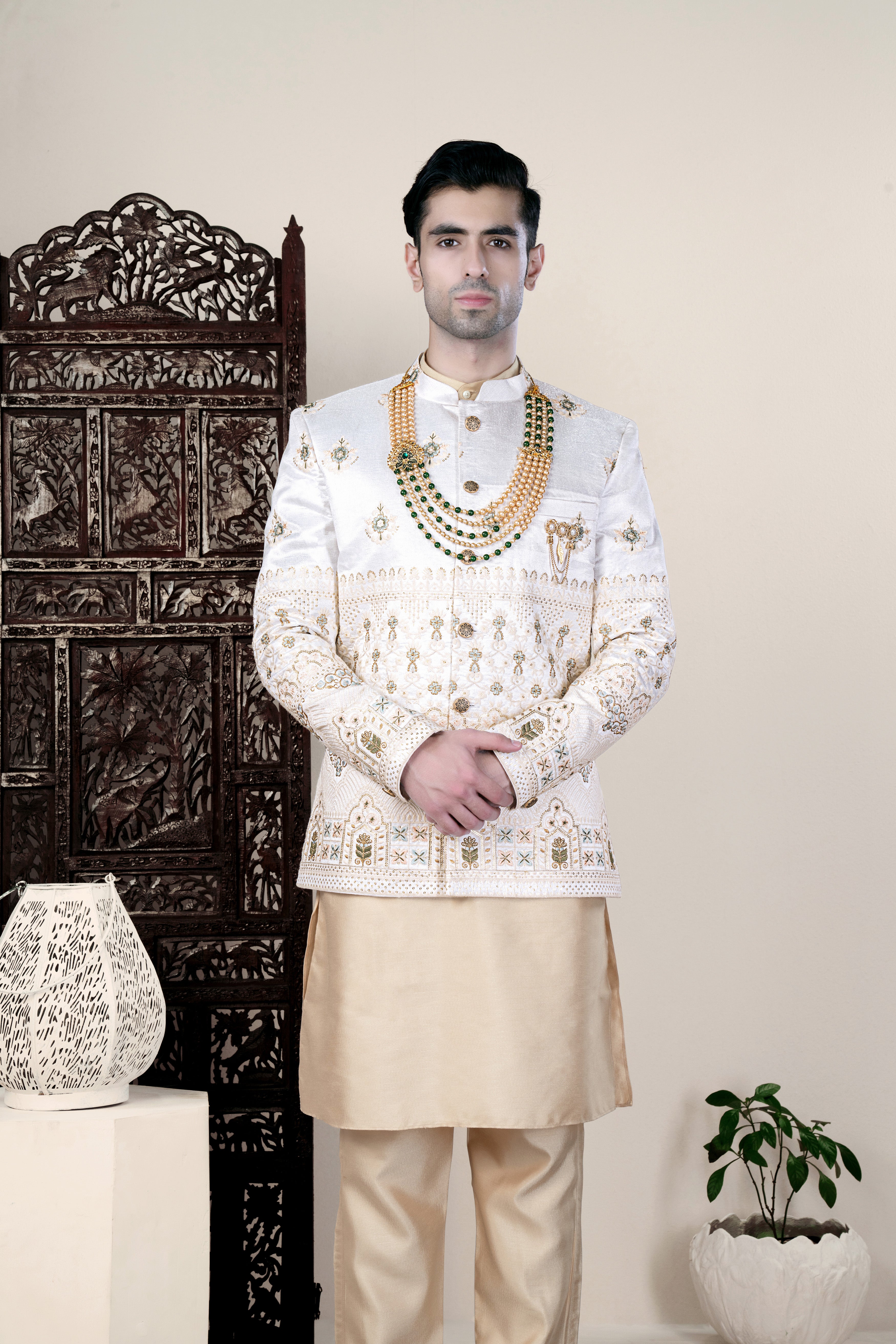Bright White and Finch Green Floral Thread and Sequin Embroidered Jodhpuri Set
