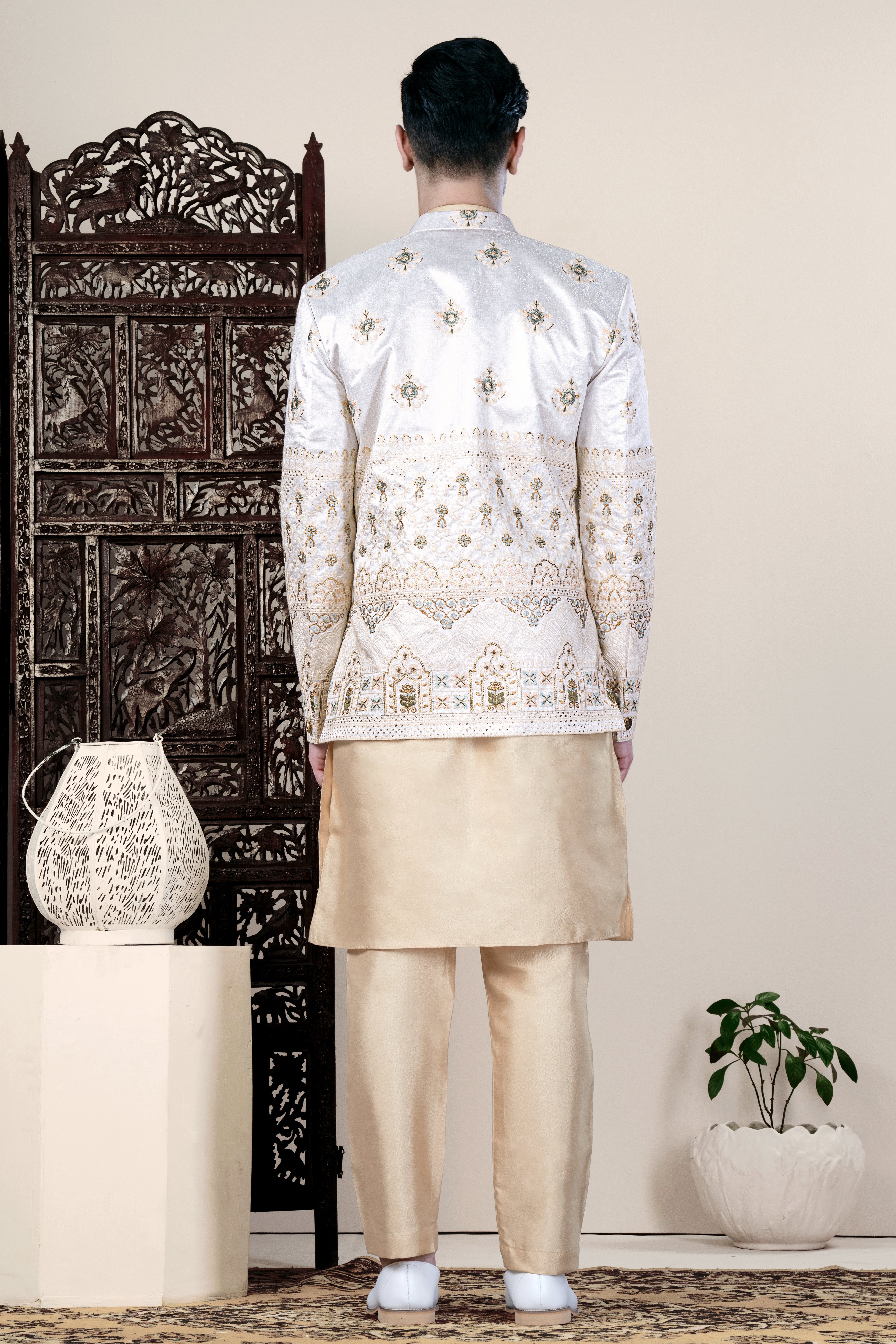 Bright White and Finch Green Floral Thread and Sequin Embroidered Jodhpuri Set