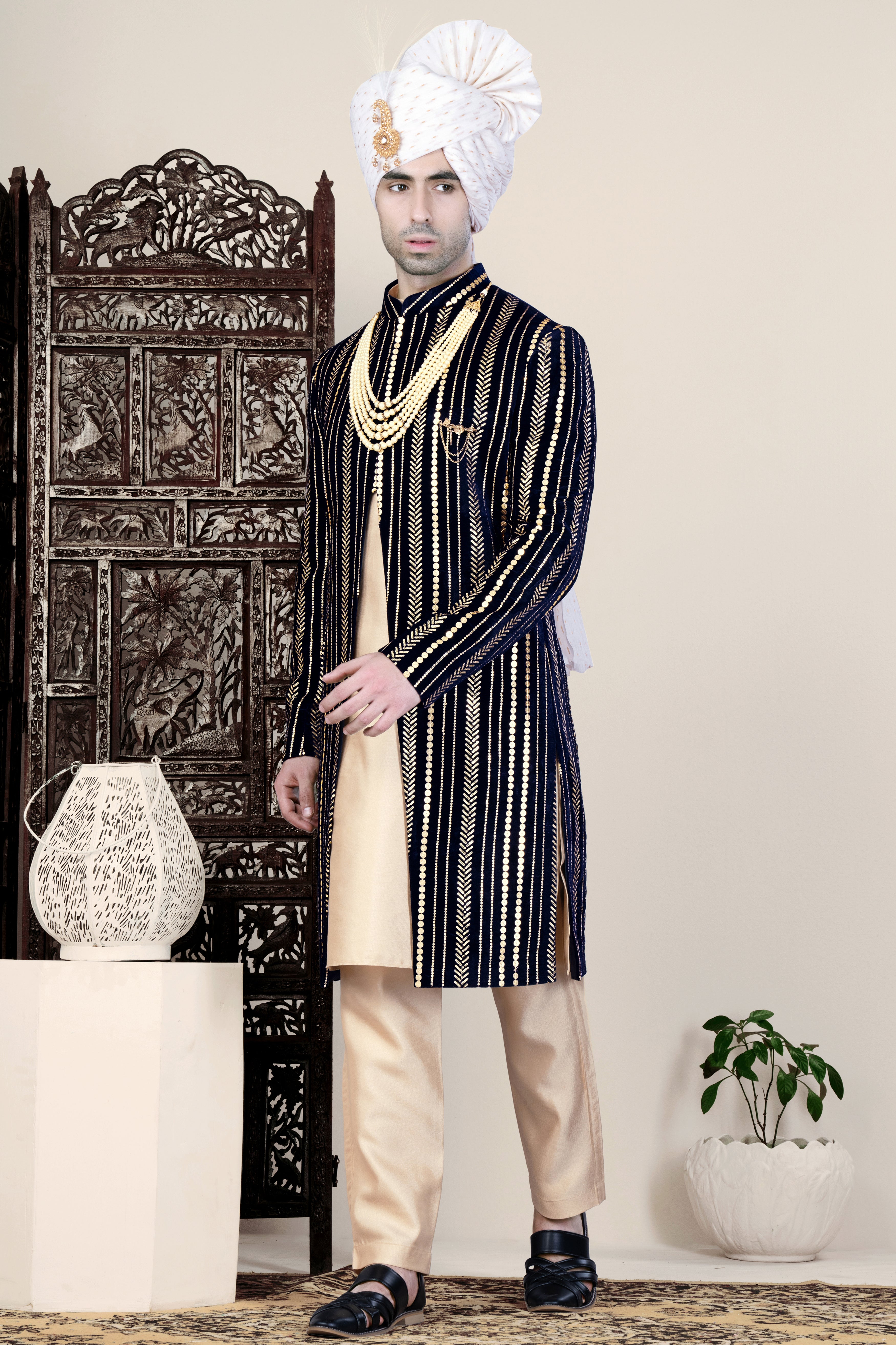 Ebony Clay Blue Vertical Sequin Embroidered Indo-Western Sherwani Set