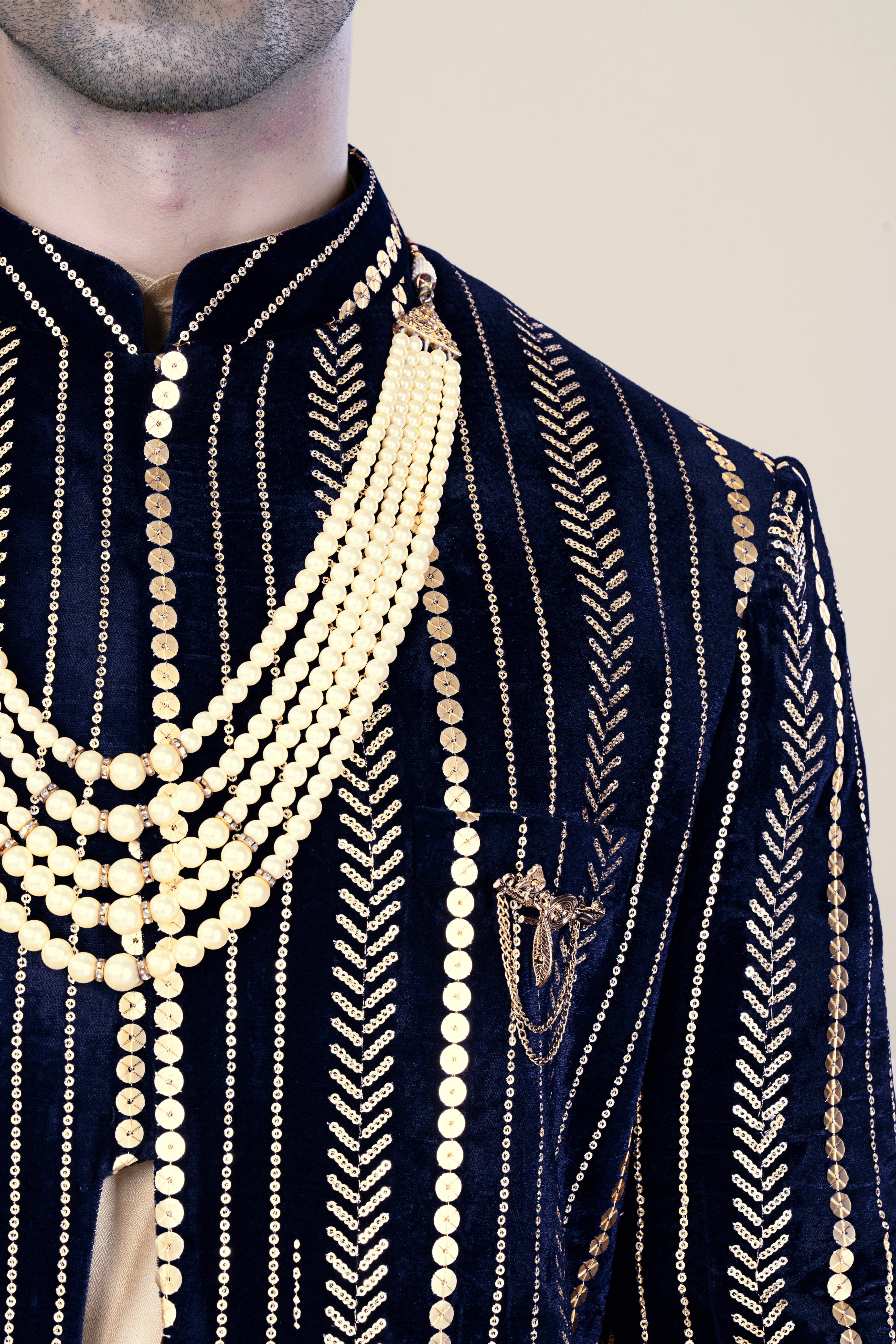 Ebony Clay Blue Vertical Sequin Embroidered Indo-Western Sherwani Set