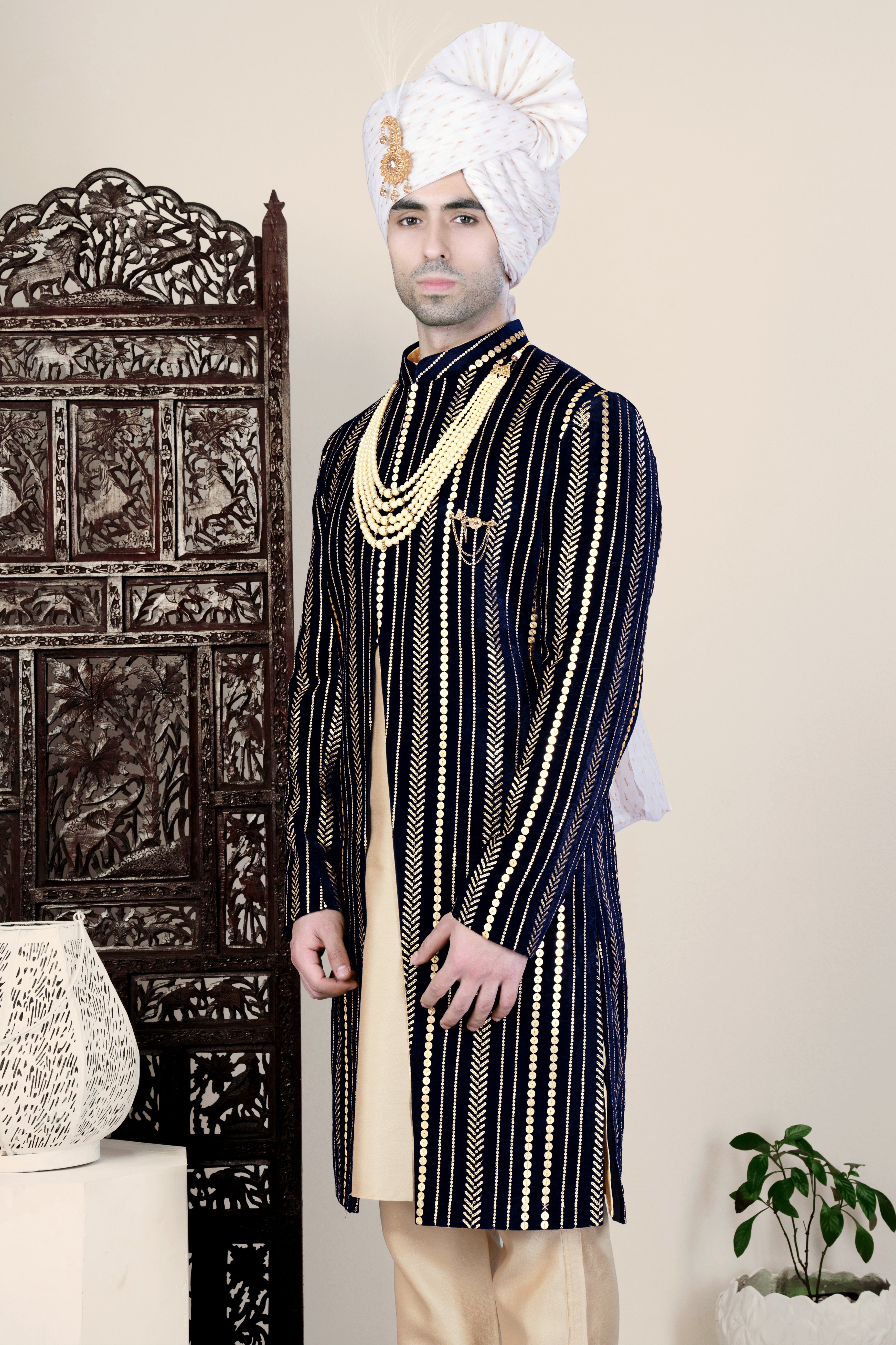 Ebony Clay Blue Vertical Sequin Embroidered Indo-Western Sherwani Set