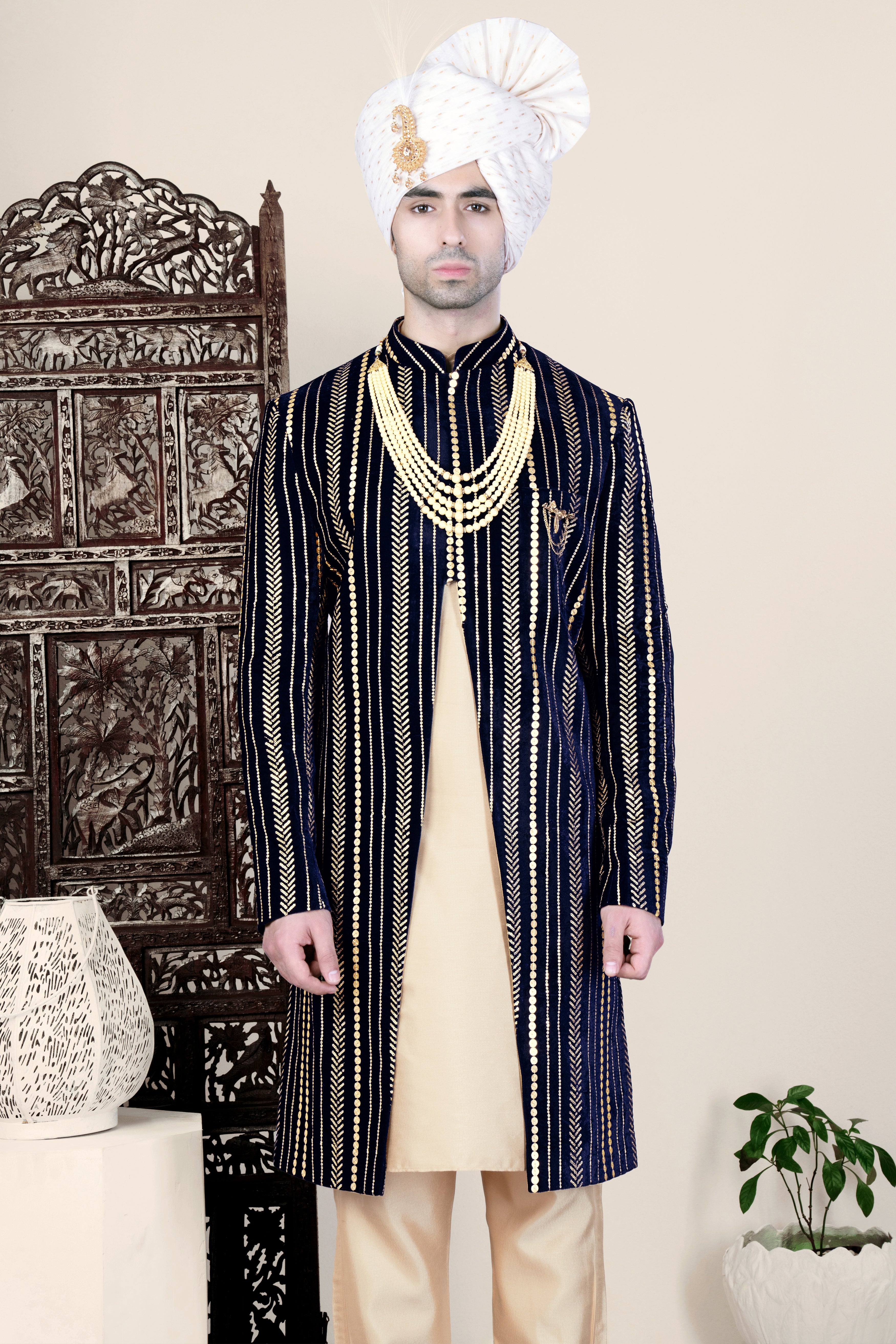Ebony Clay Blue Vertical Sequin Embroidered Indo-Western Sherwani Set