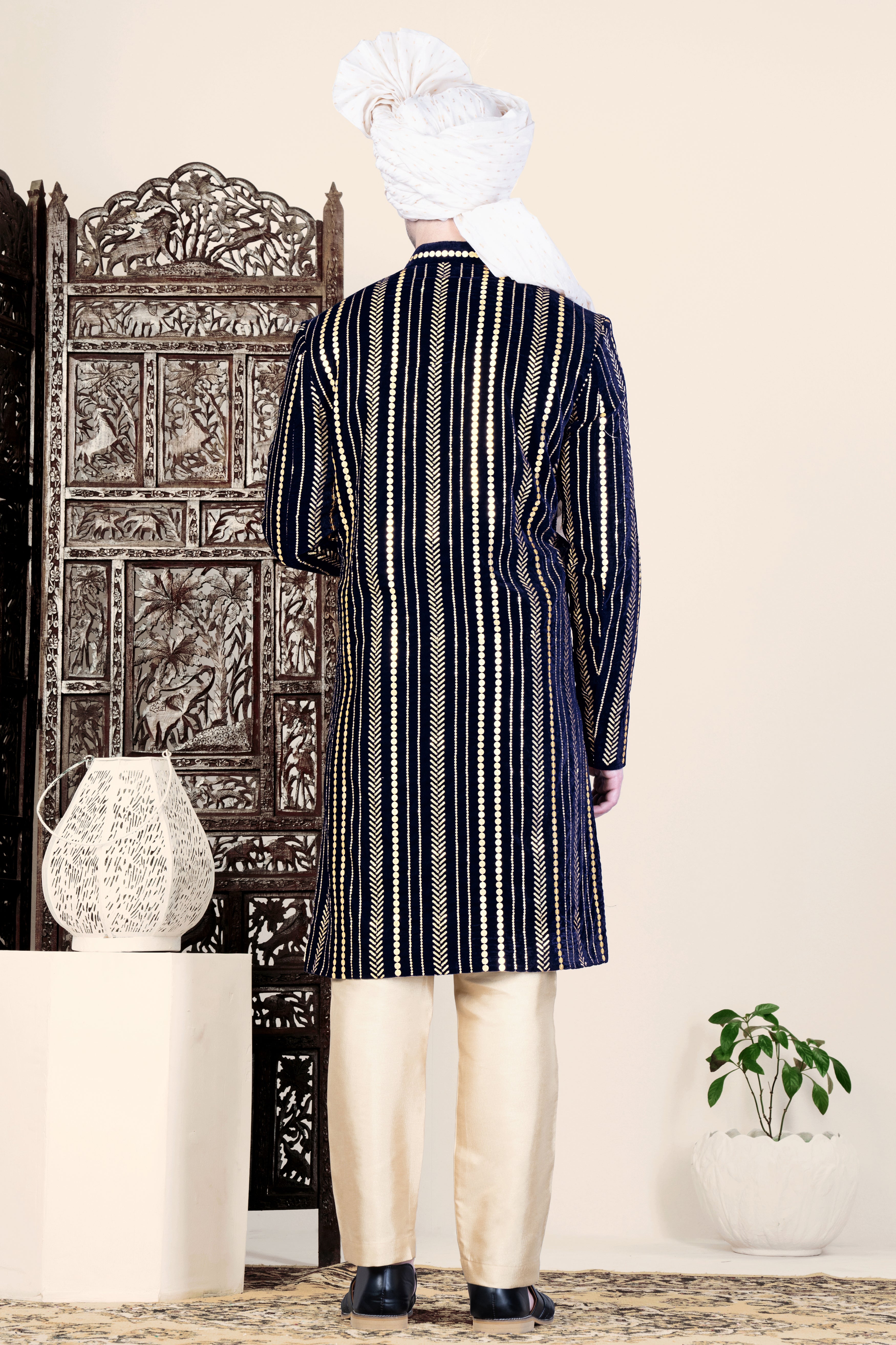 Ebony Clay Blue Vertical Sequin Embroidered Indo-Western Sherwani Set
