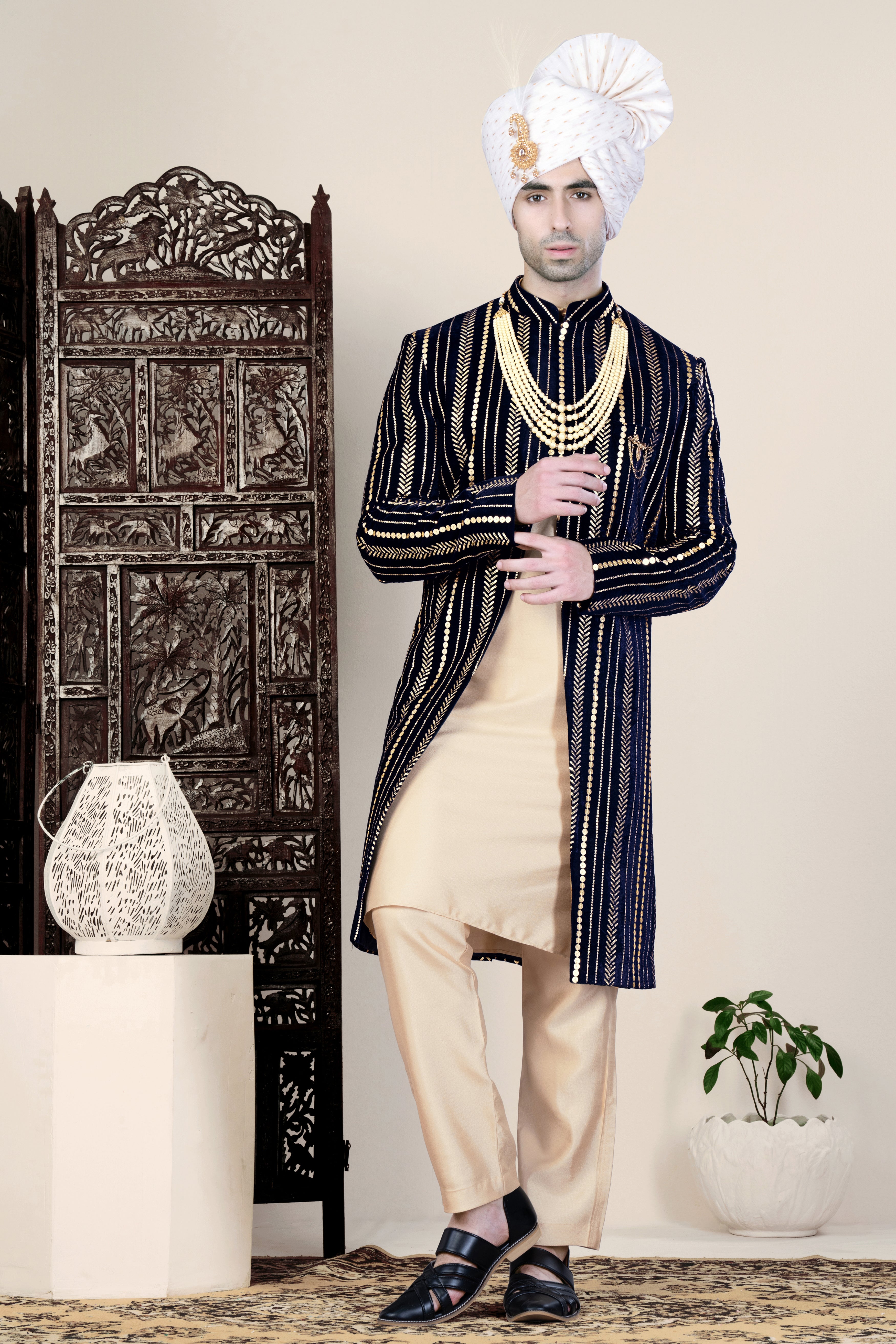 Ebony Clay Blue Vertical Sequin Embroidered Indo-Western Sherwani Set