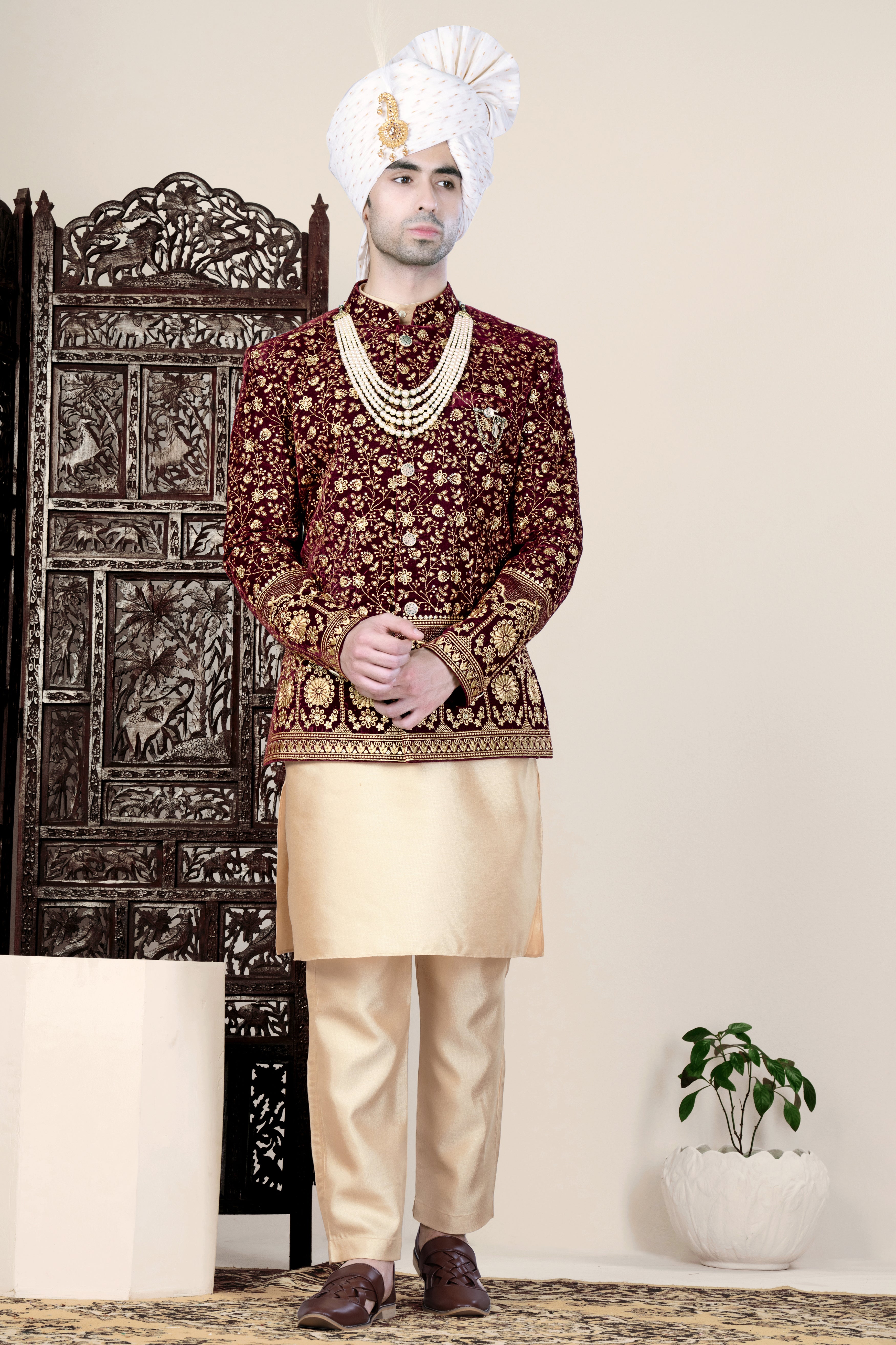 Temptress Maroon Floral Golden Thread Embroidered Jodhpuri Set