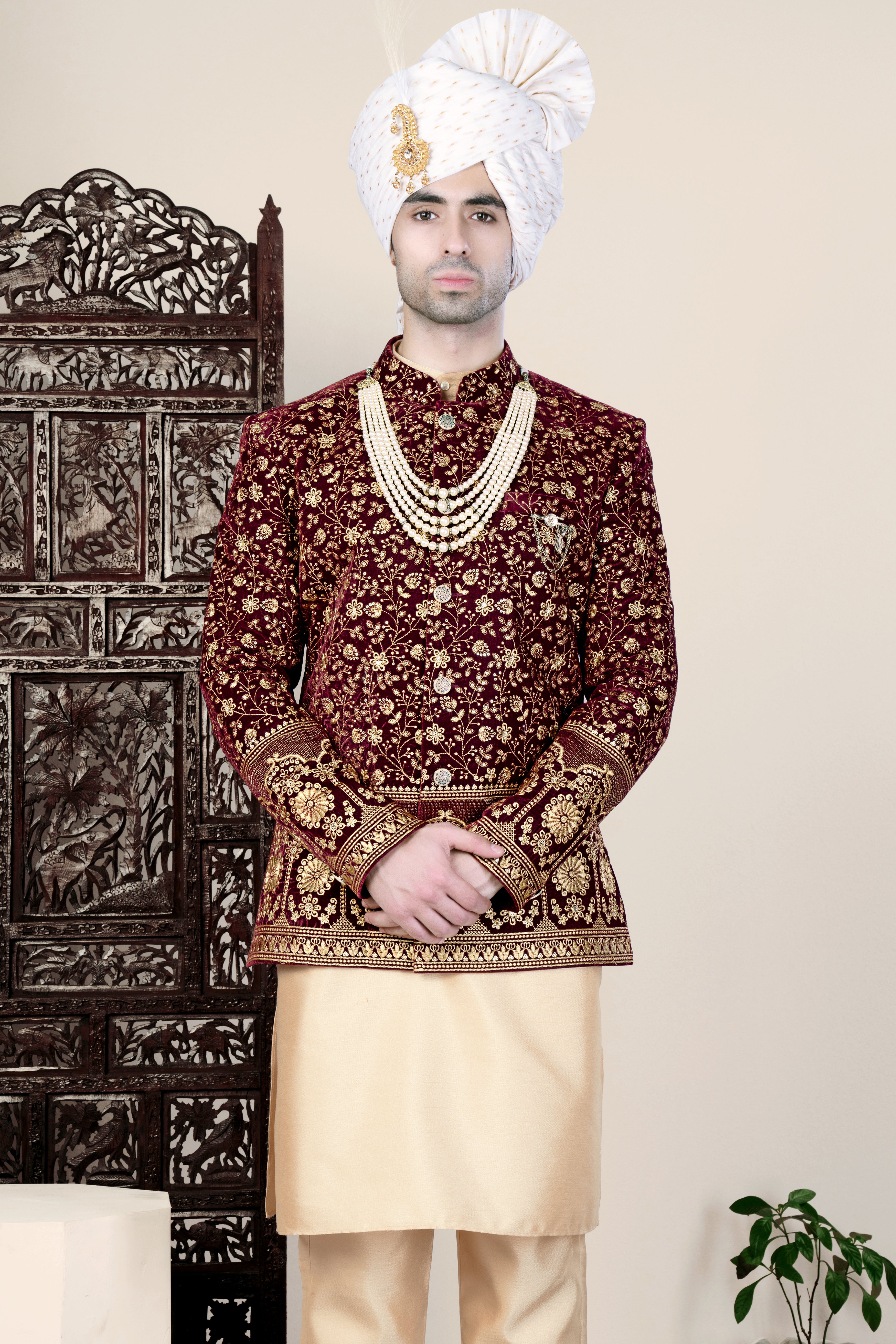 Temptress Maroon Floral Golden Thread Embroidered Jodhpuri Set