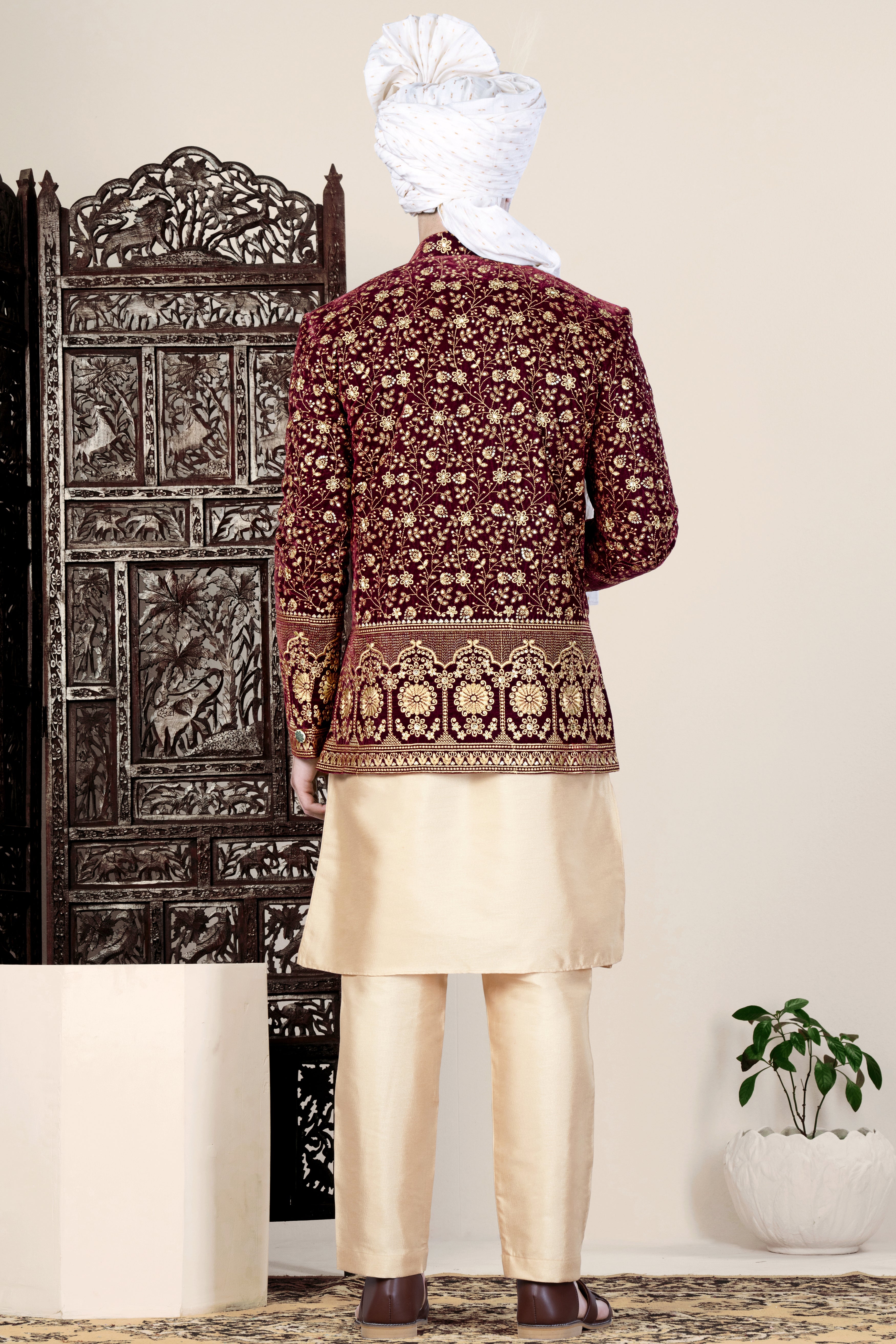 Temptress Maroon Floral Golden Thread Embroidered Jodhpuri Set