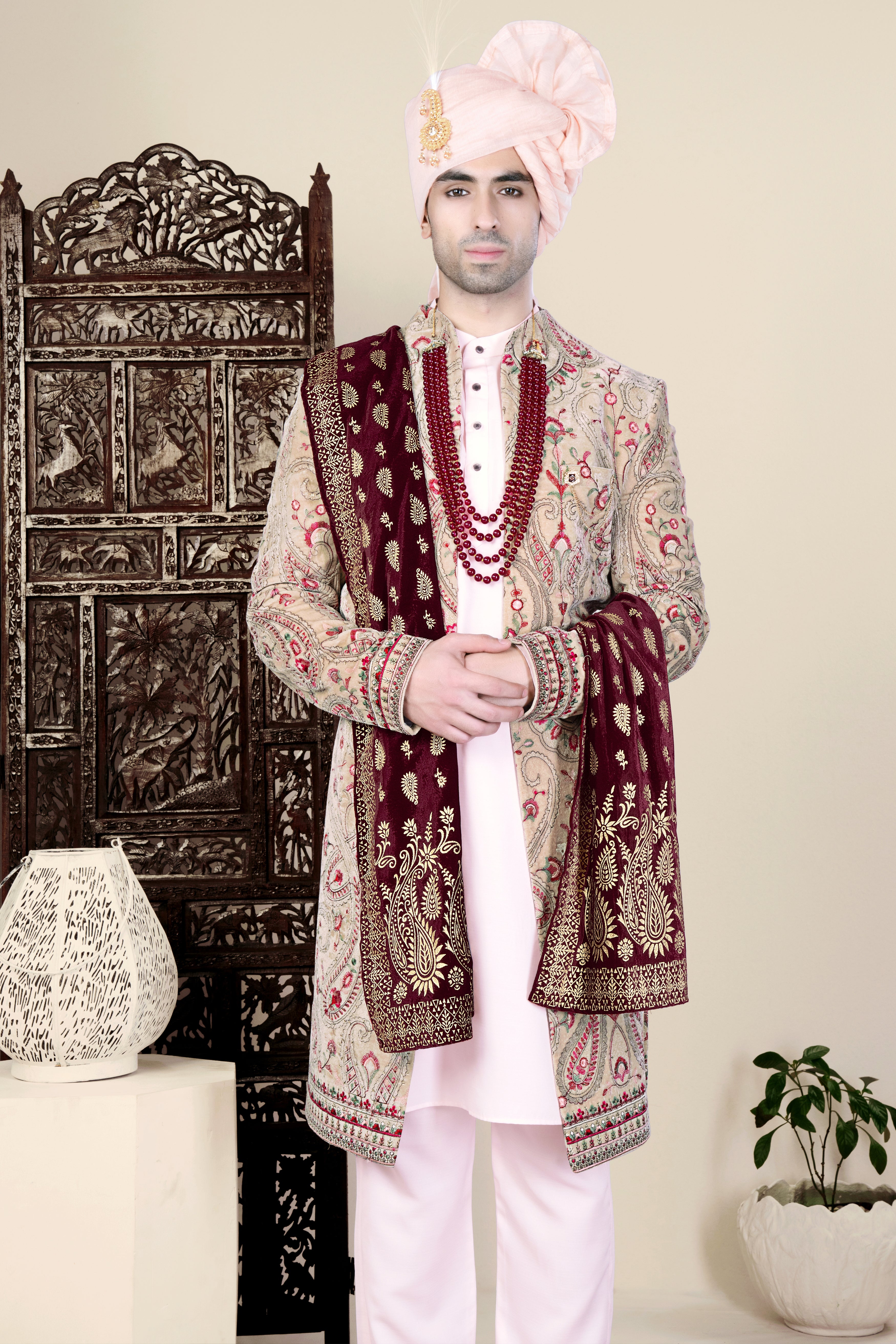 Bisque Brown and Cardinal Pink Floral Thread Embroidered Indo-Western Sherwani Set