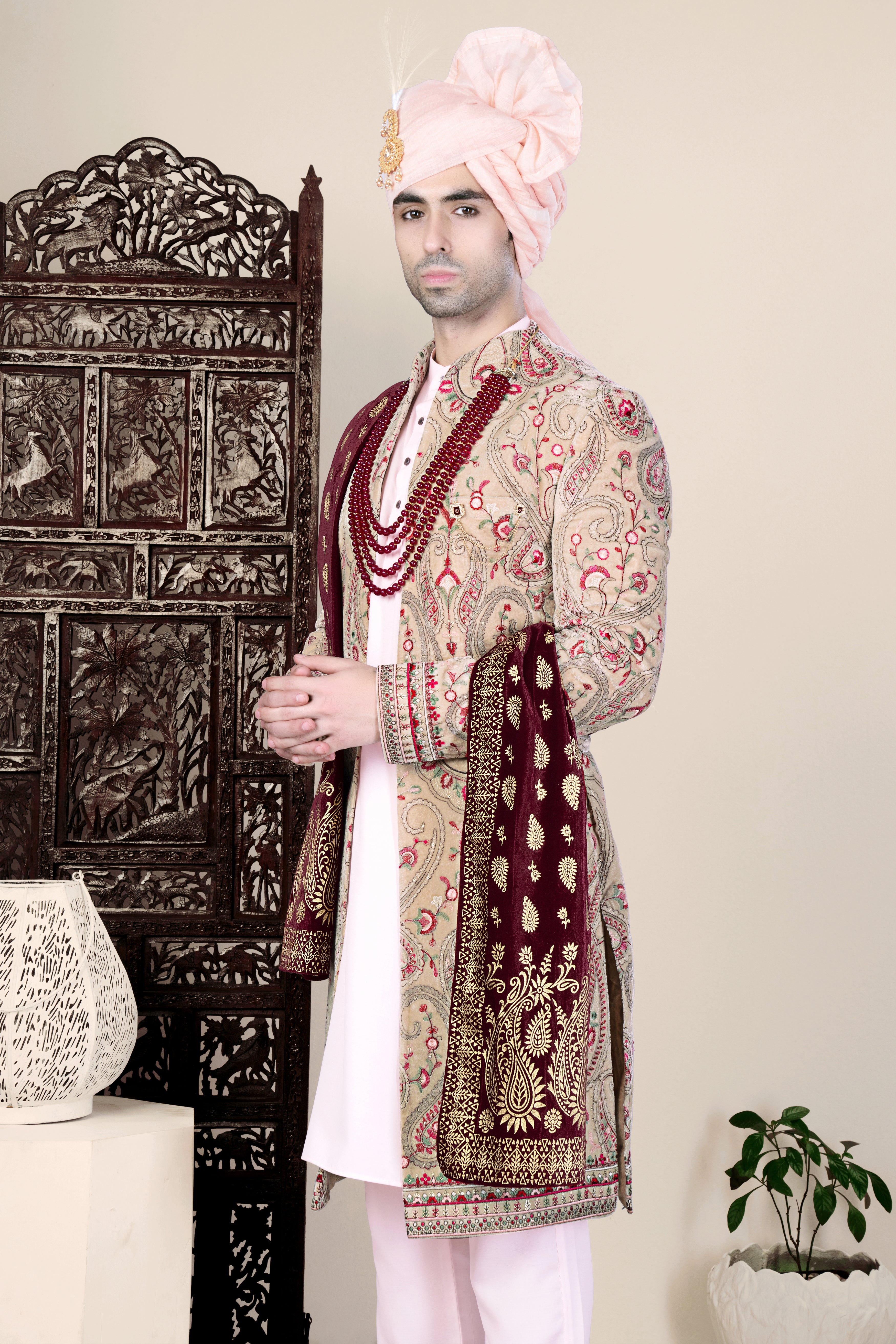 Bisque Brown and Cardinal Pink Floral Thread Embroidered Indo-Western Sherwani Set