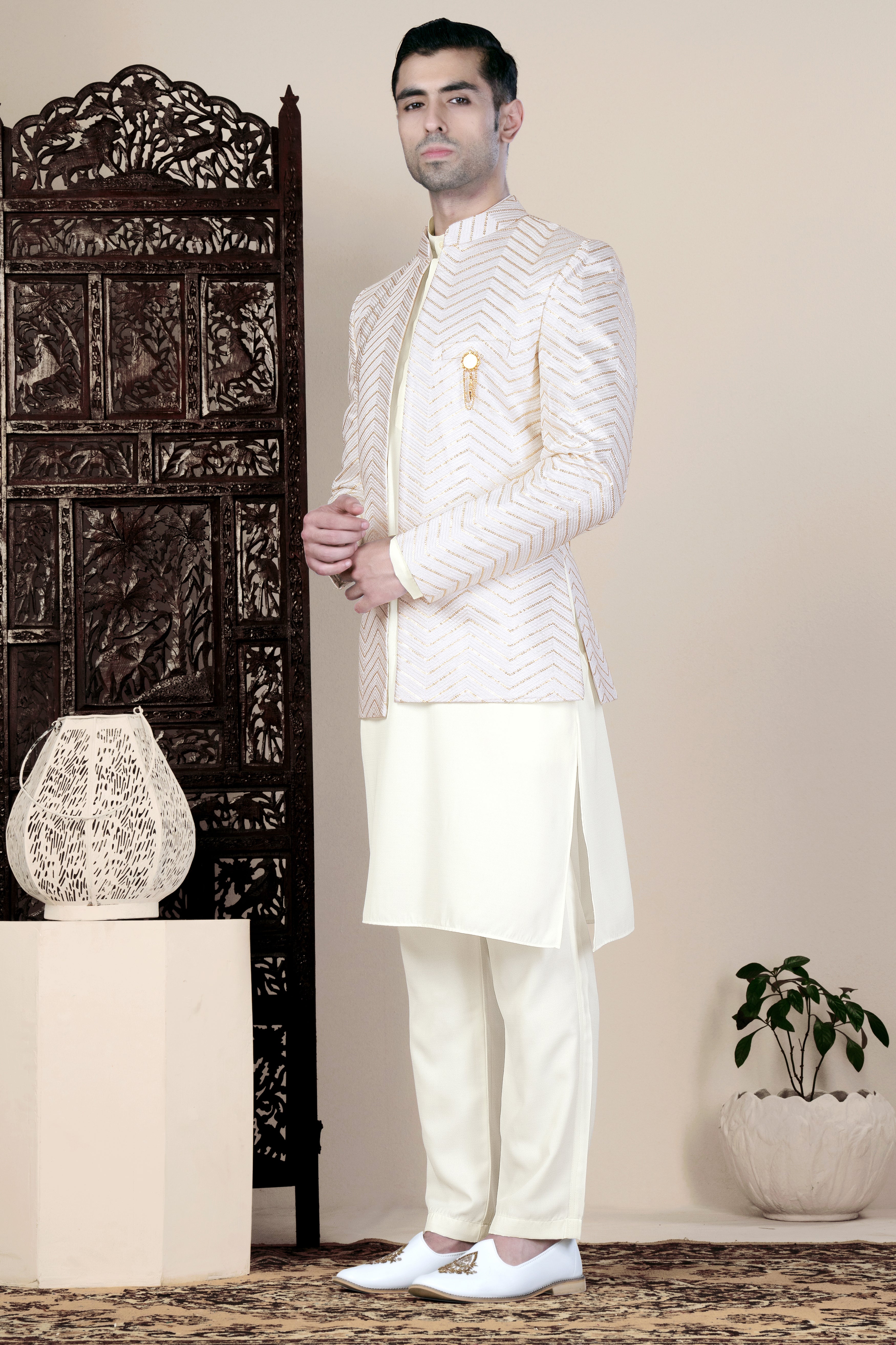 Magnolia Cream Chevron Sequin Embroidered Jodhpuri Set