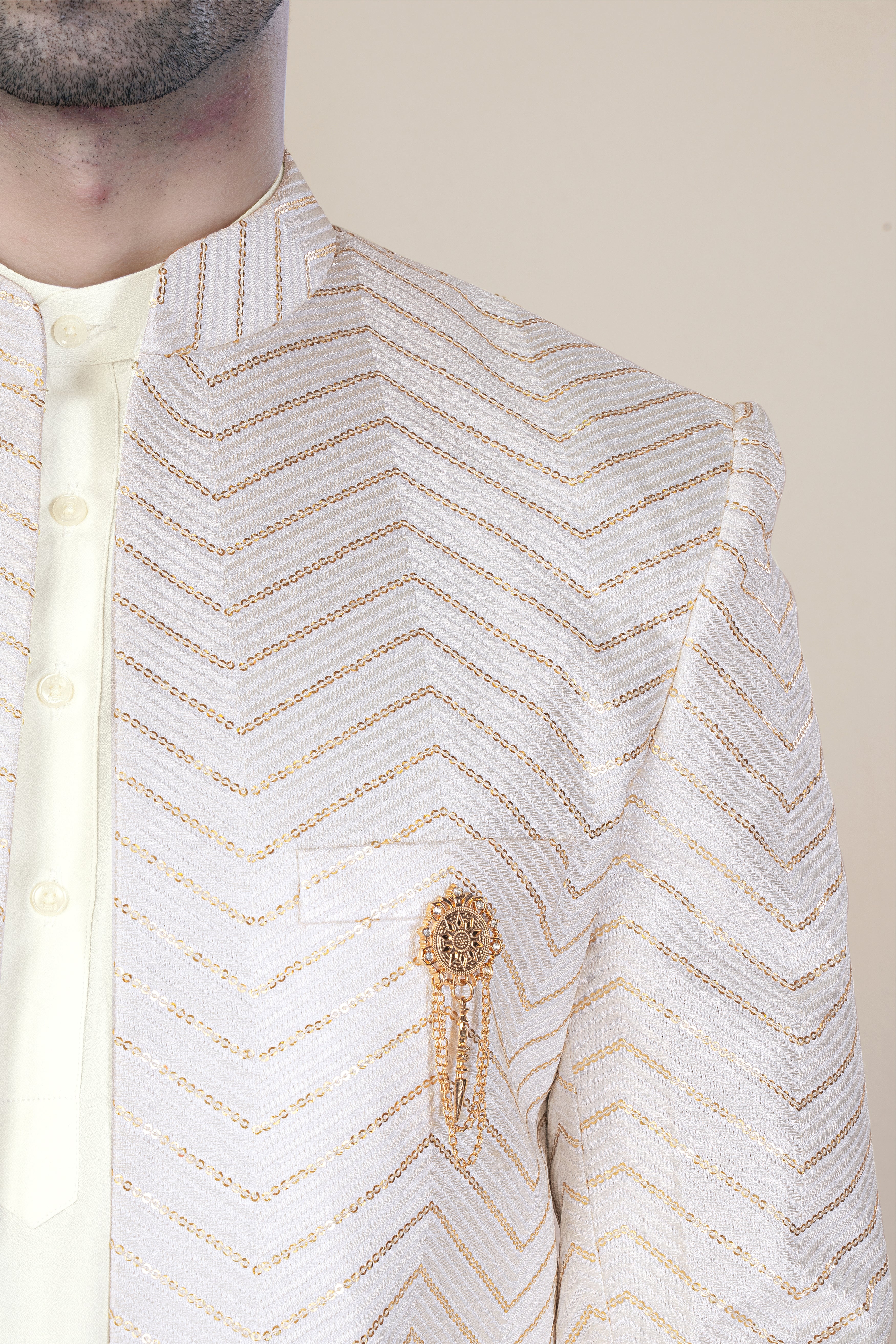 Magnolia Cream Chevron Sequin Embroidered Jodhpuri Set