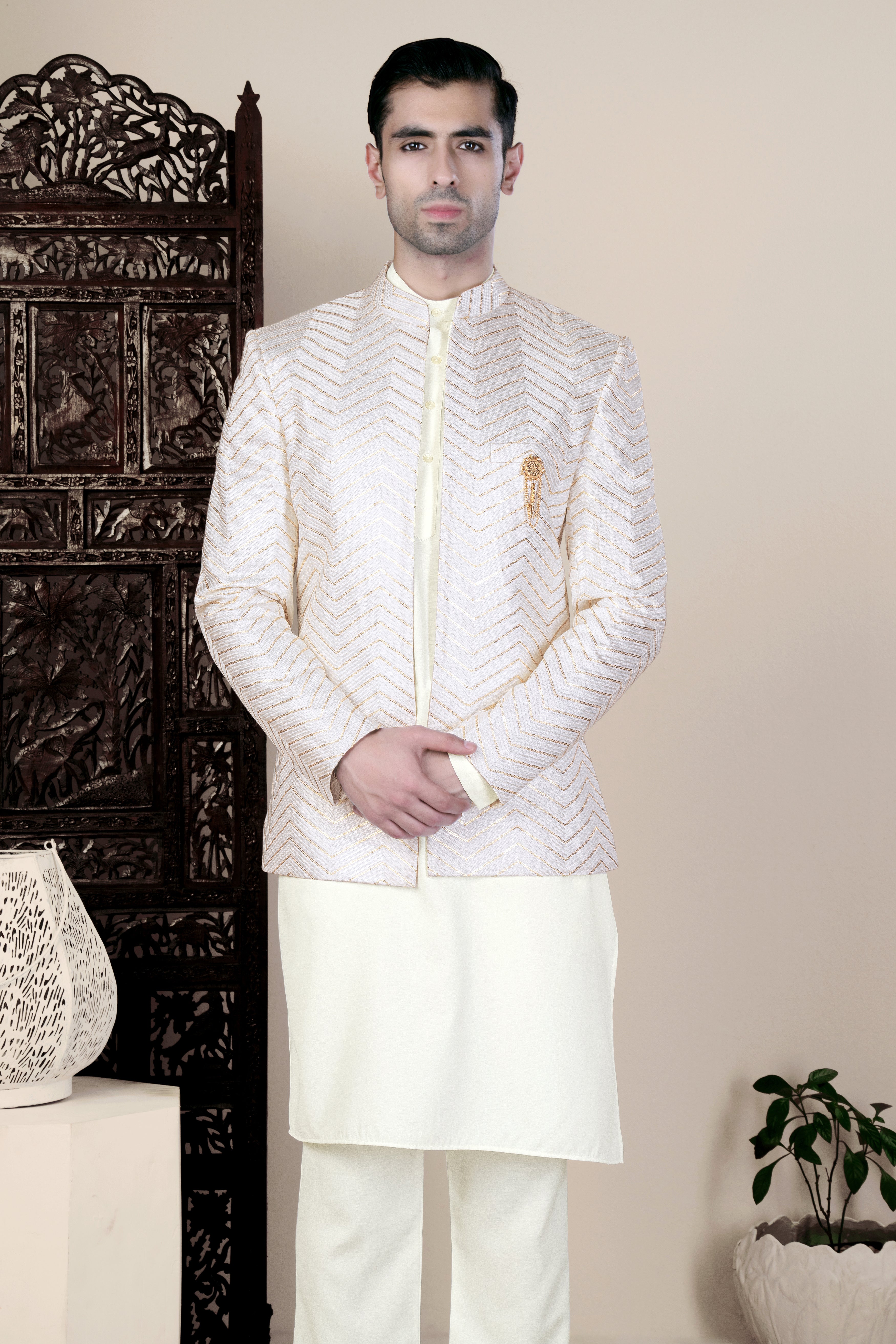 Magnolia Cream Chevron Sequin Embroidered Jodhpuri Set